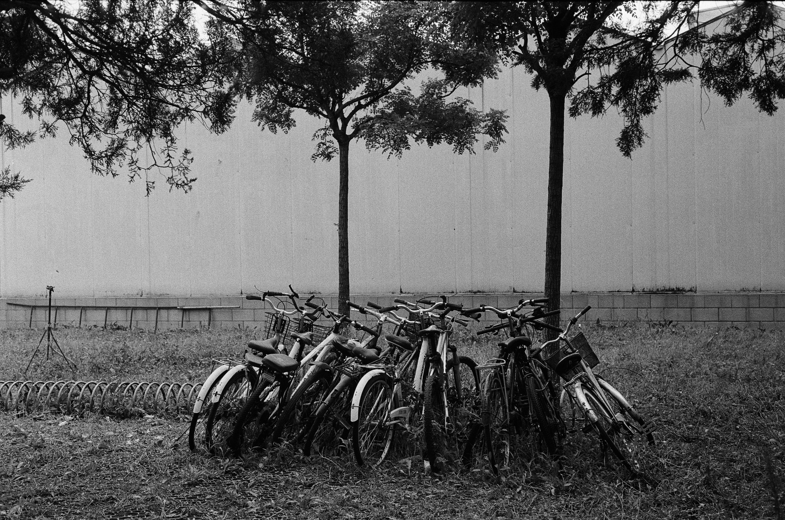 A black and white photo of a bunch of bikes