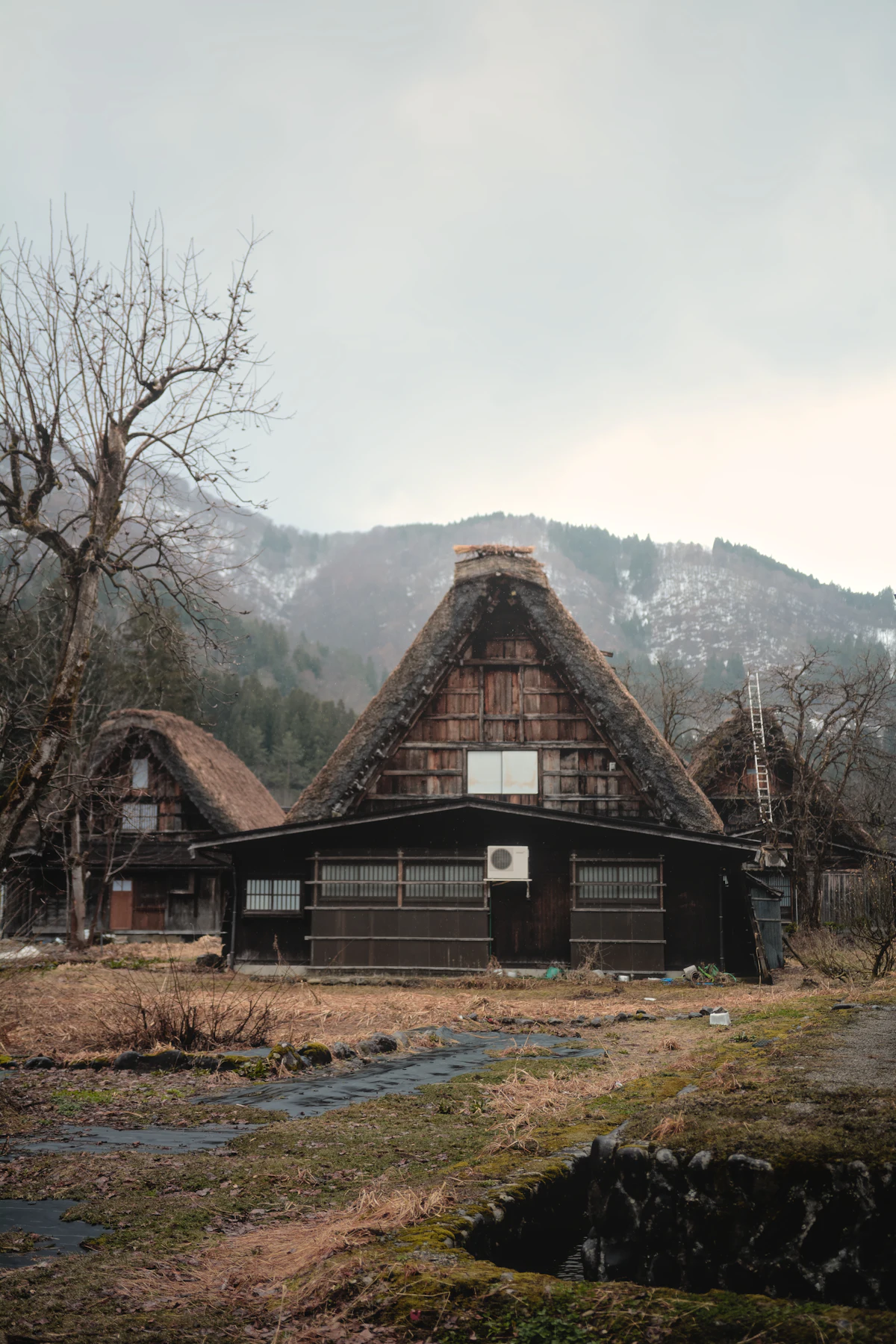 山あいに建つ茅葺き屋根の古民家