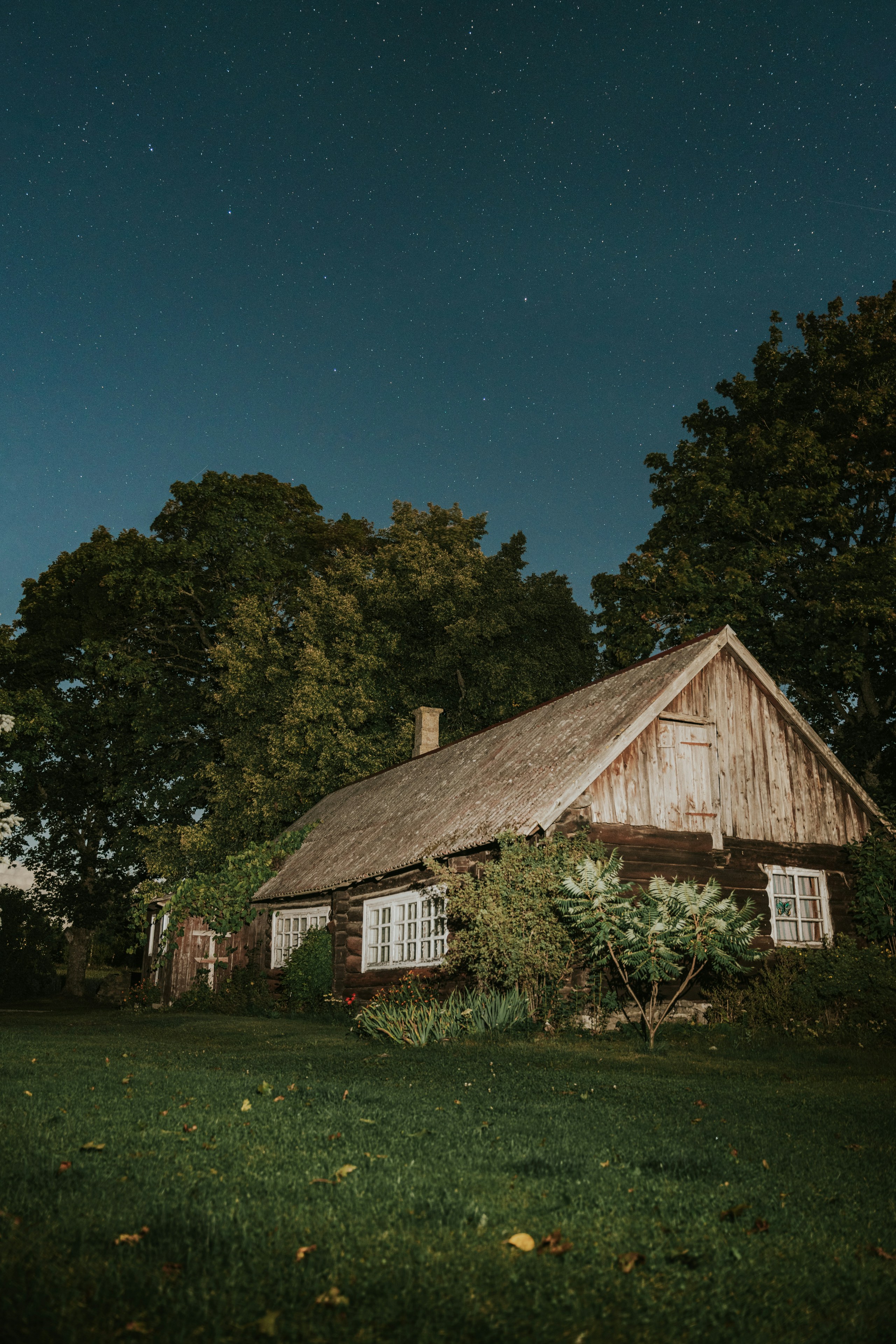 A house with a thatched roof in the middle of a field