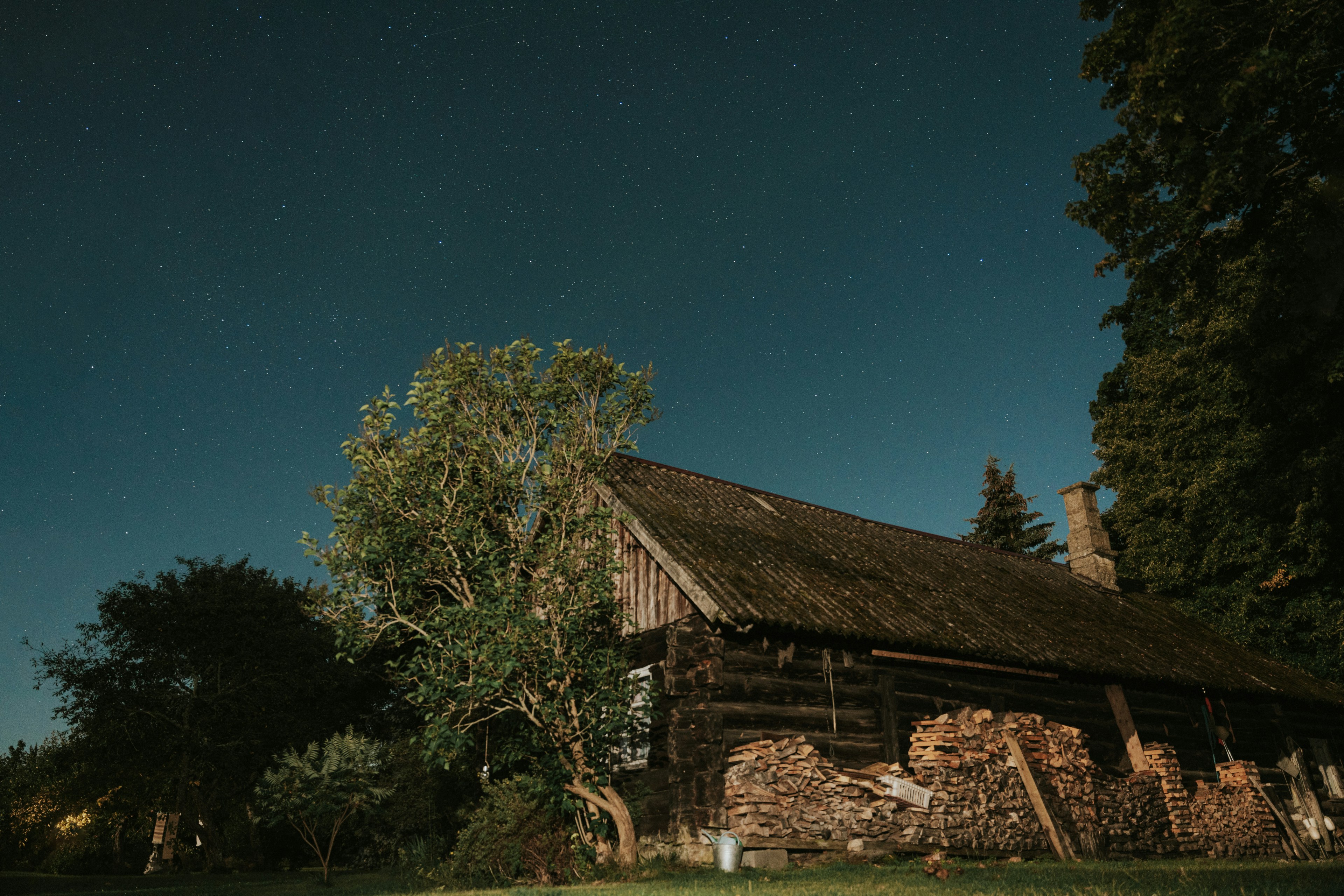 An old log cabin in the woods under a night sky