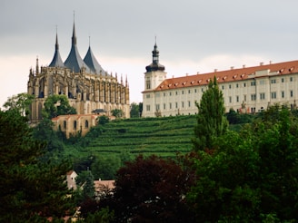 A castle with a steeple on top of a hill
