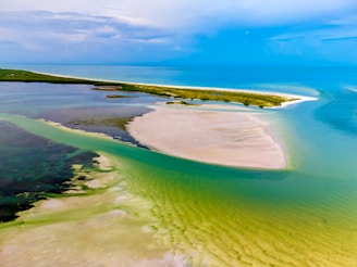 An aerial view of an island in the ocean