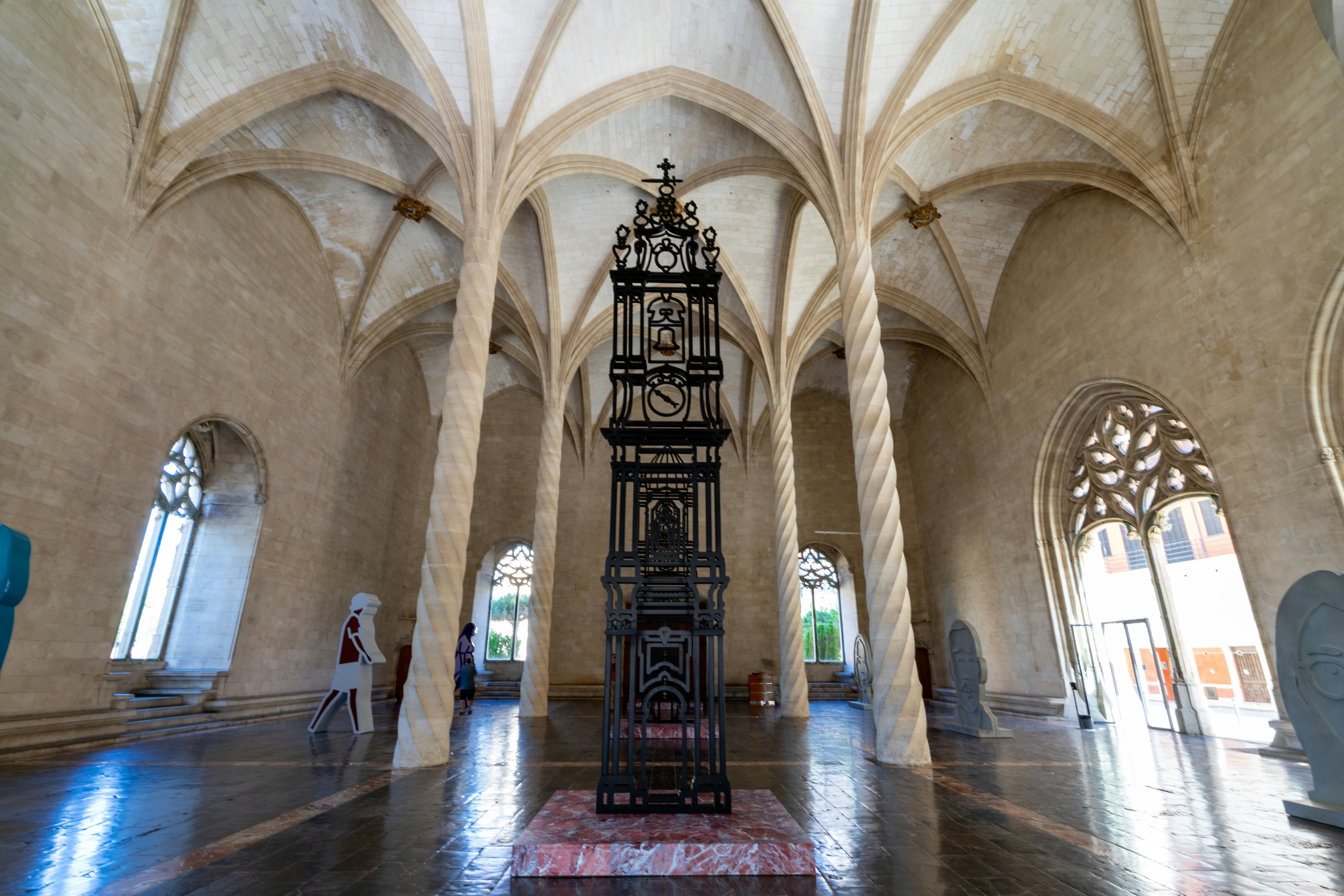 A large room with a clock inside of it