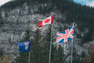 A group of flags flying next to a mountain