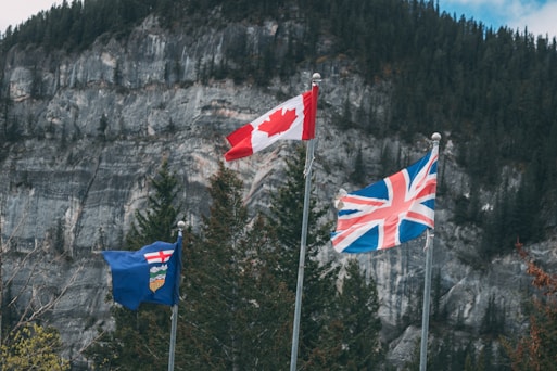 A group of flags flying next to a mountain