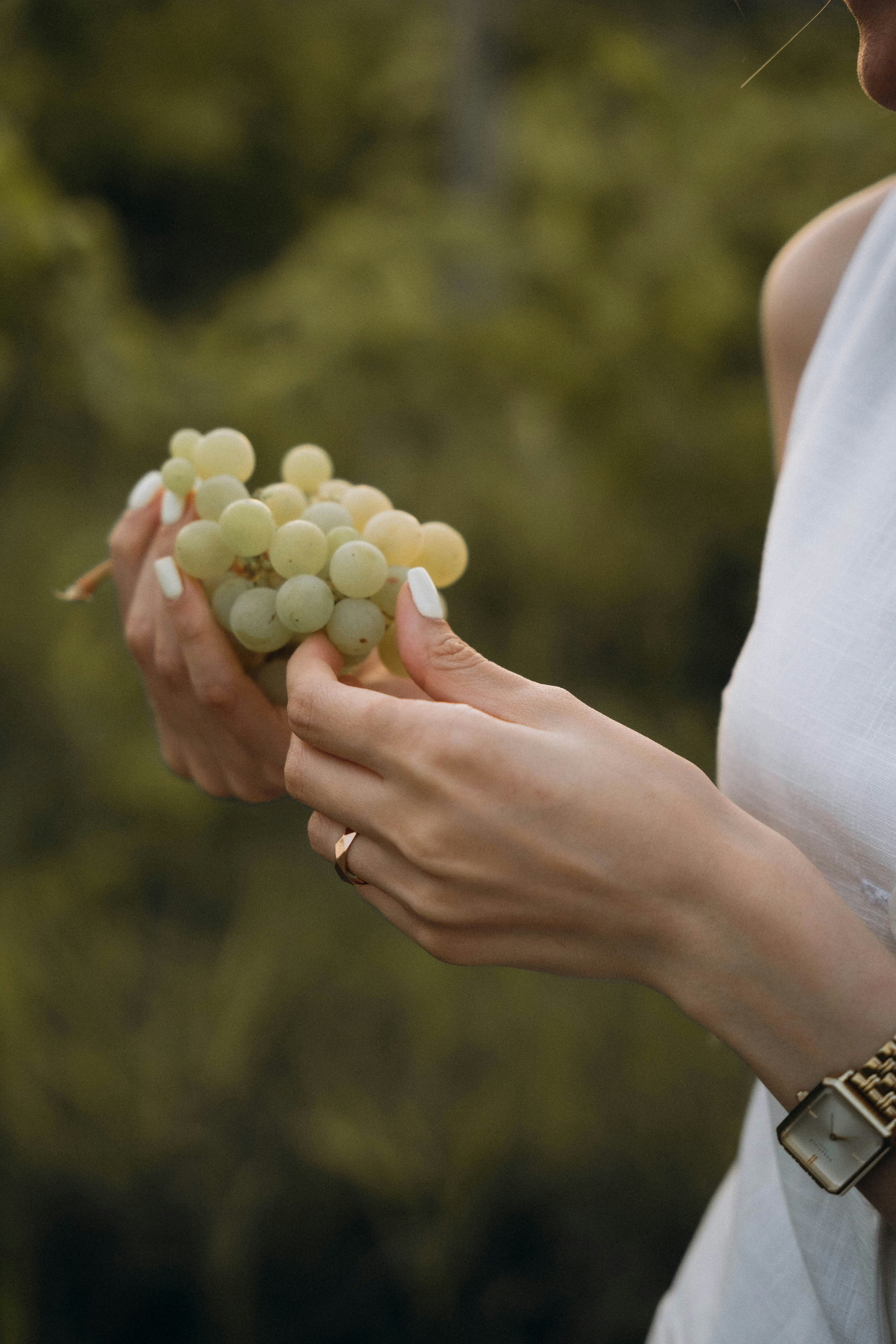 Una donna che tiene tra le mani un grappolo d'uva