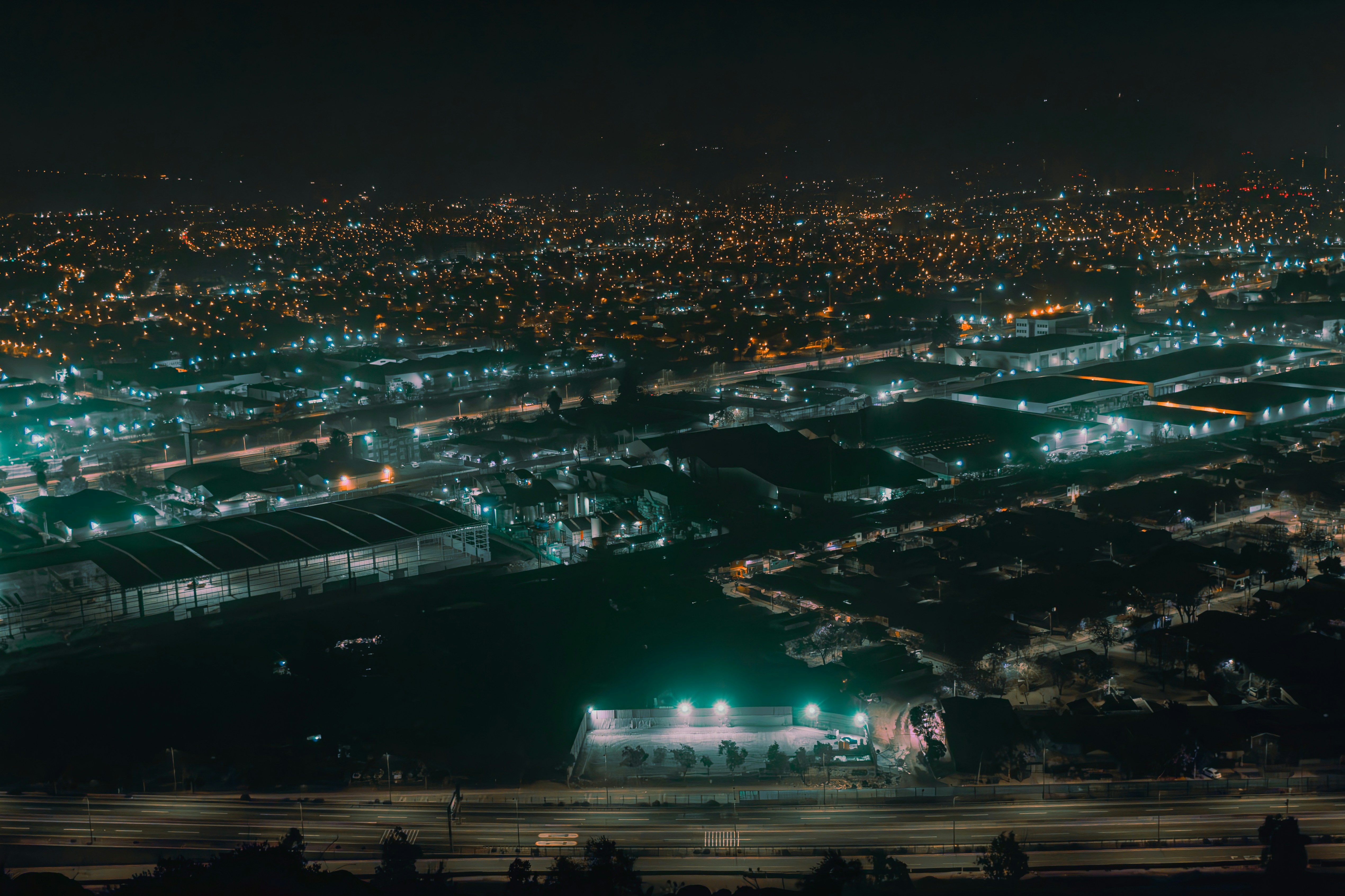 An aerial view of a city at night
