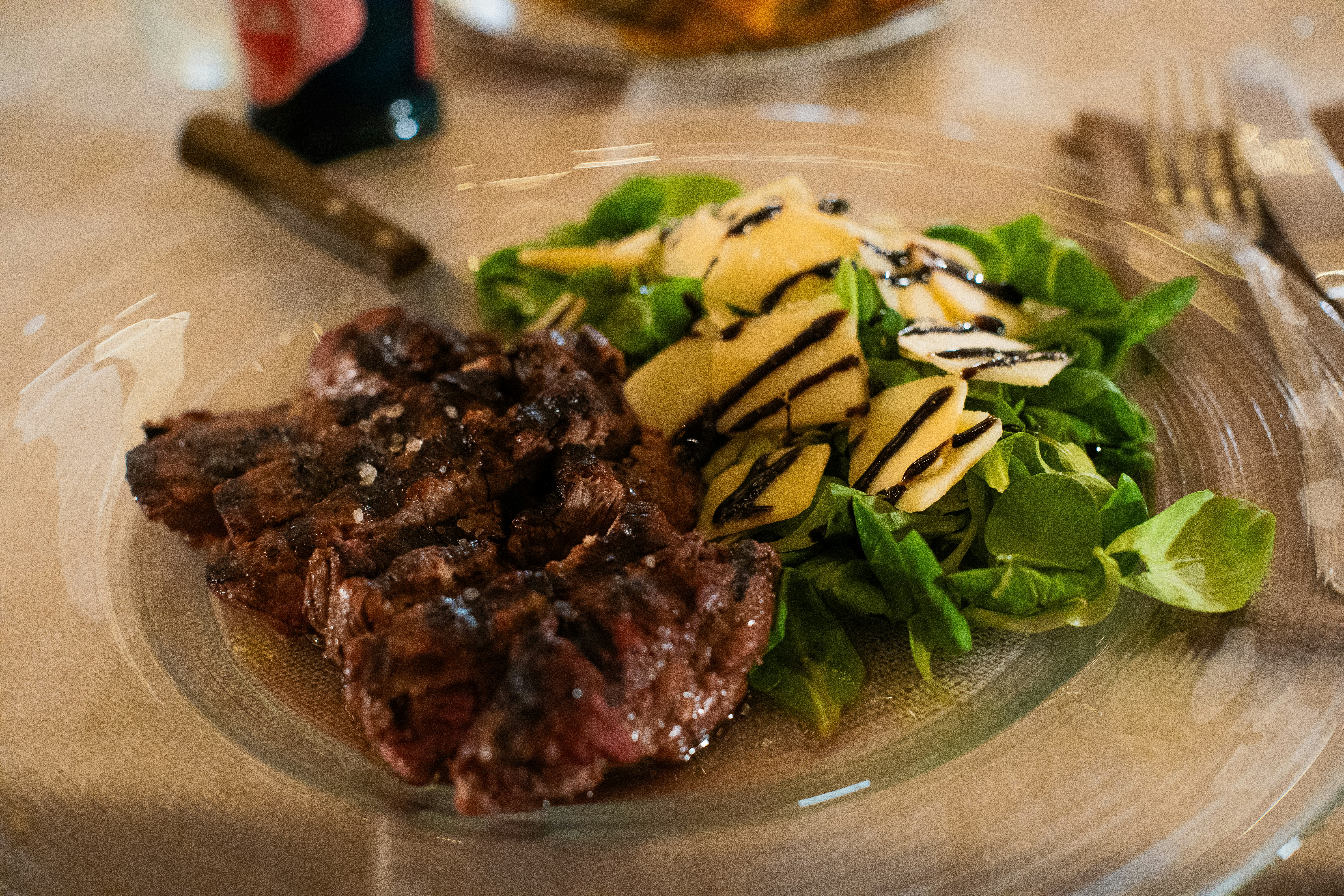 Steak and salad close up