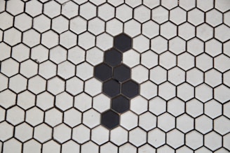 A black and white tiled floor with a hexagonal pattern