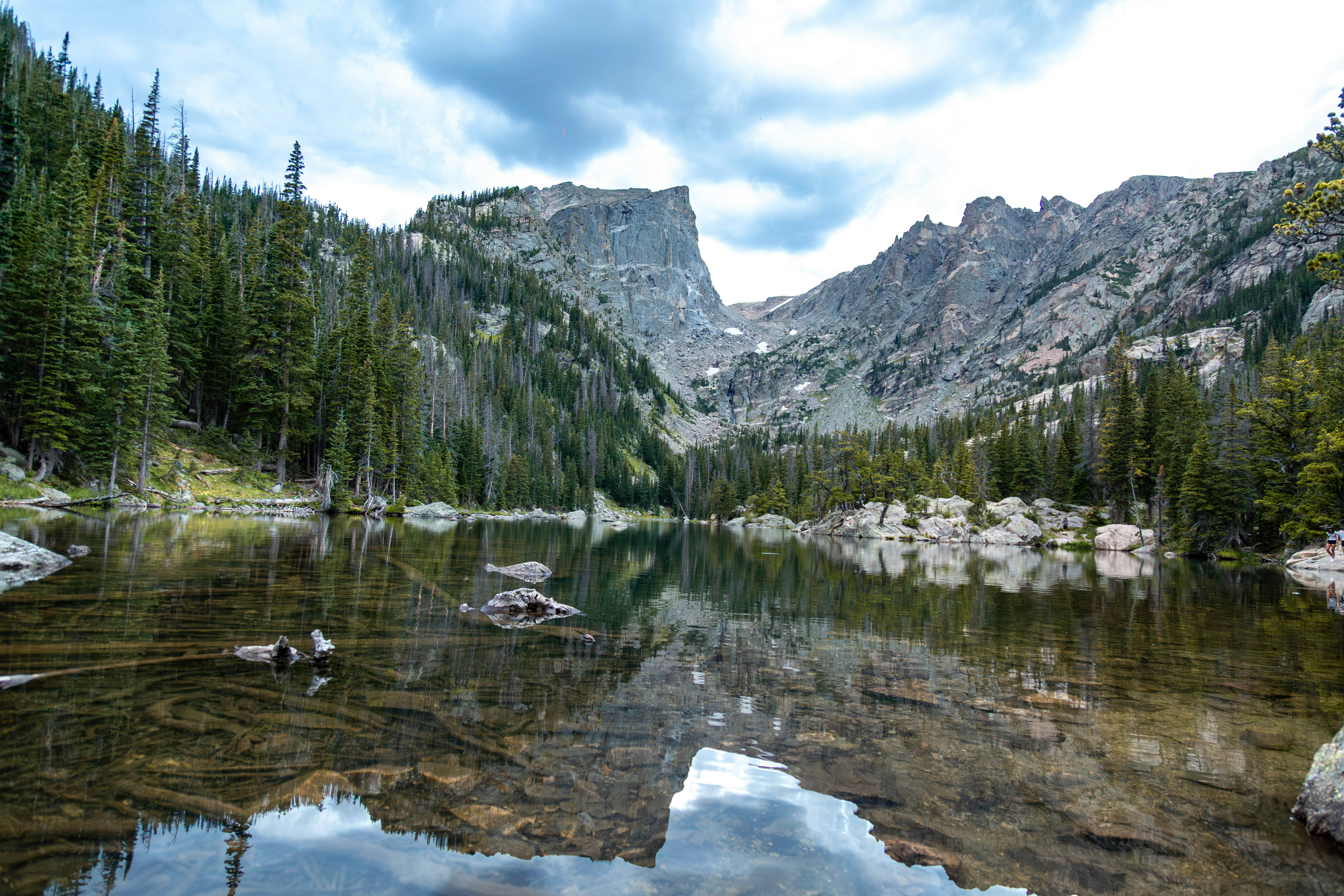 A mountain lake surrounded by trees and rocks