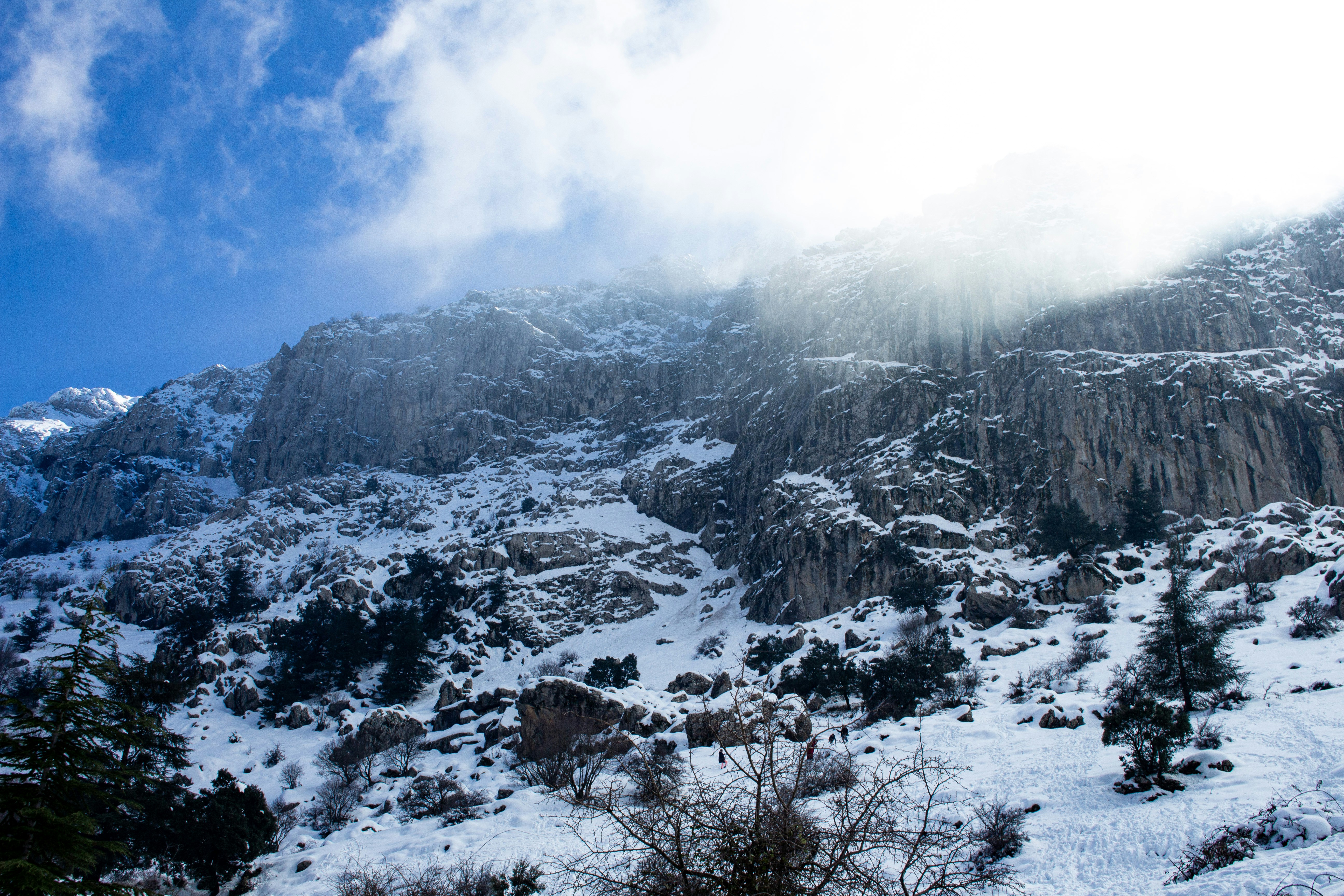 A mountain covered in snow under a blue sky