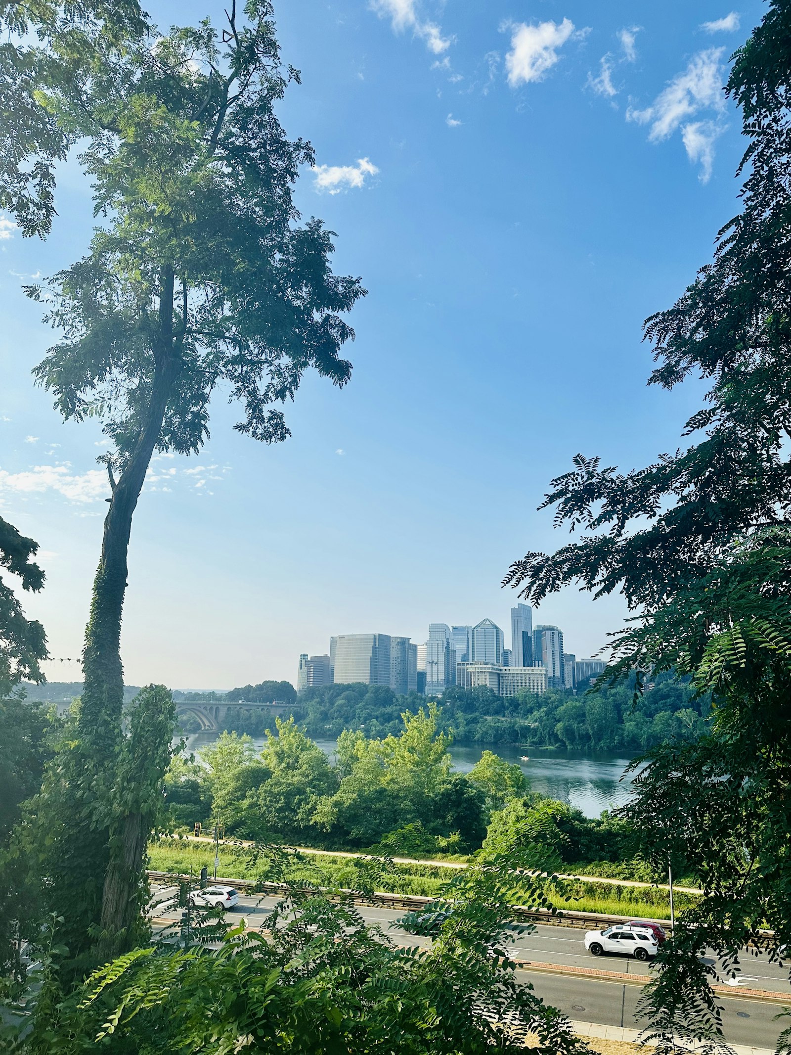 The Potomac River and Key Bridge seen through the trees from the hills of Georgetown, with the Rosslyn skyline across the river