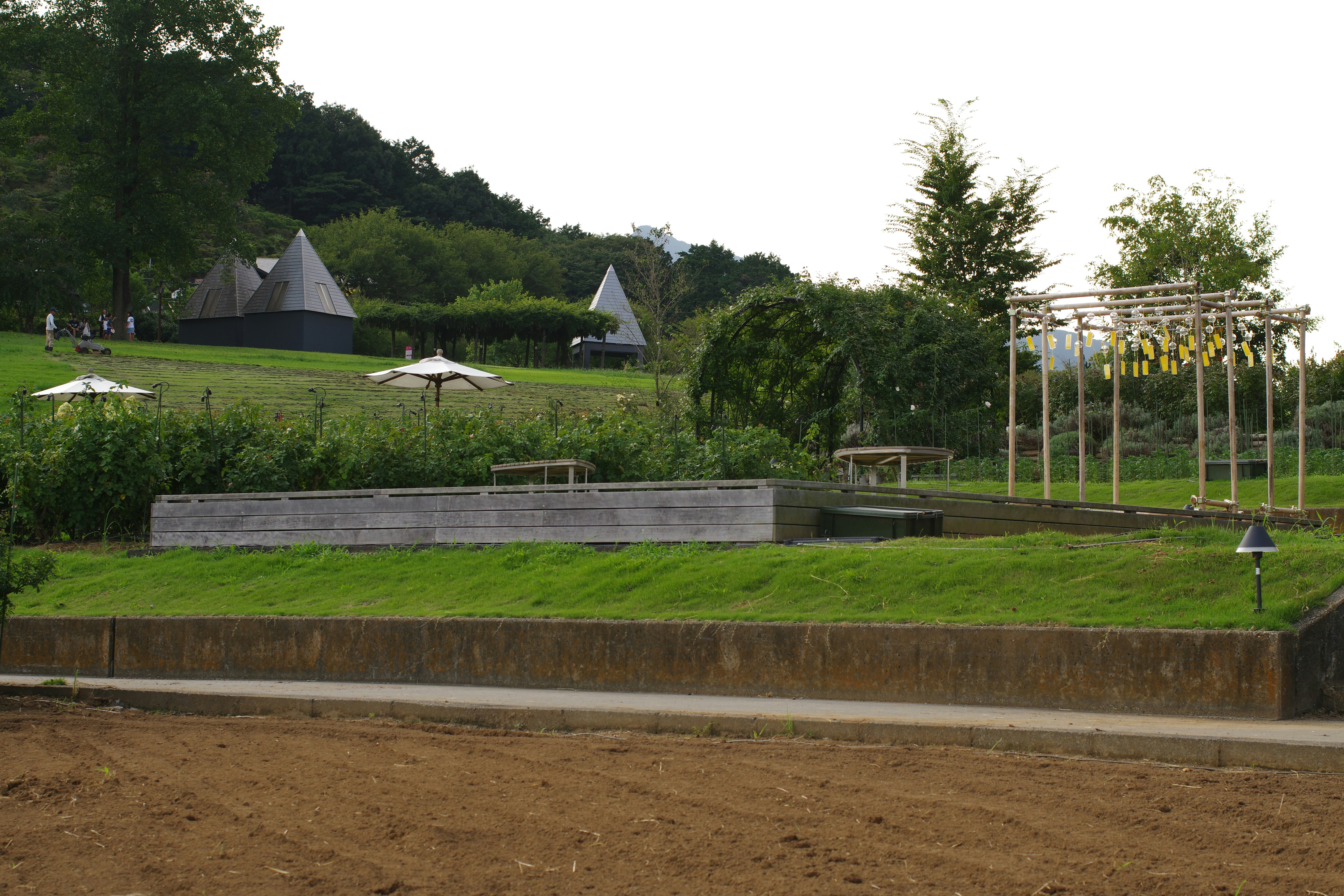 A dirt field with a park in the background