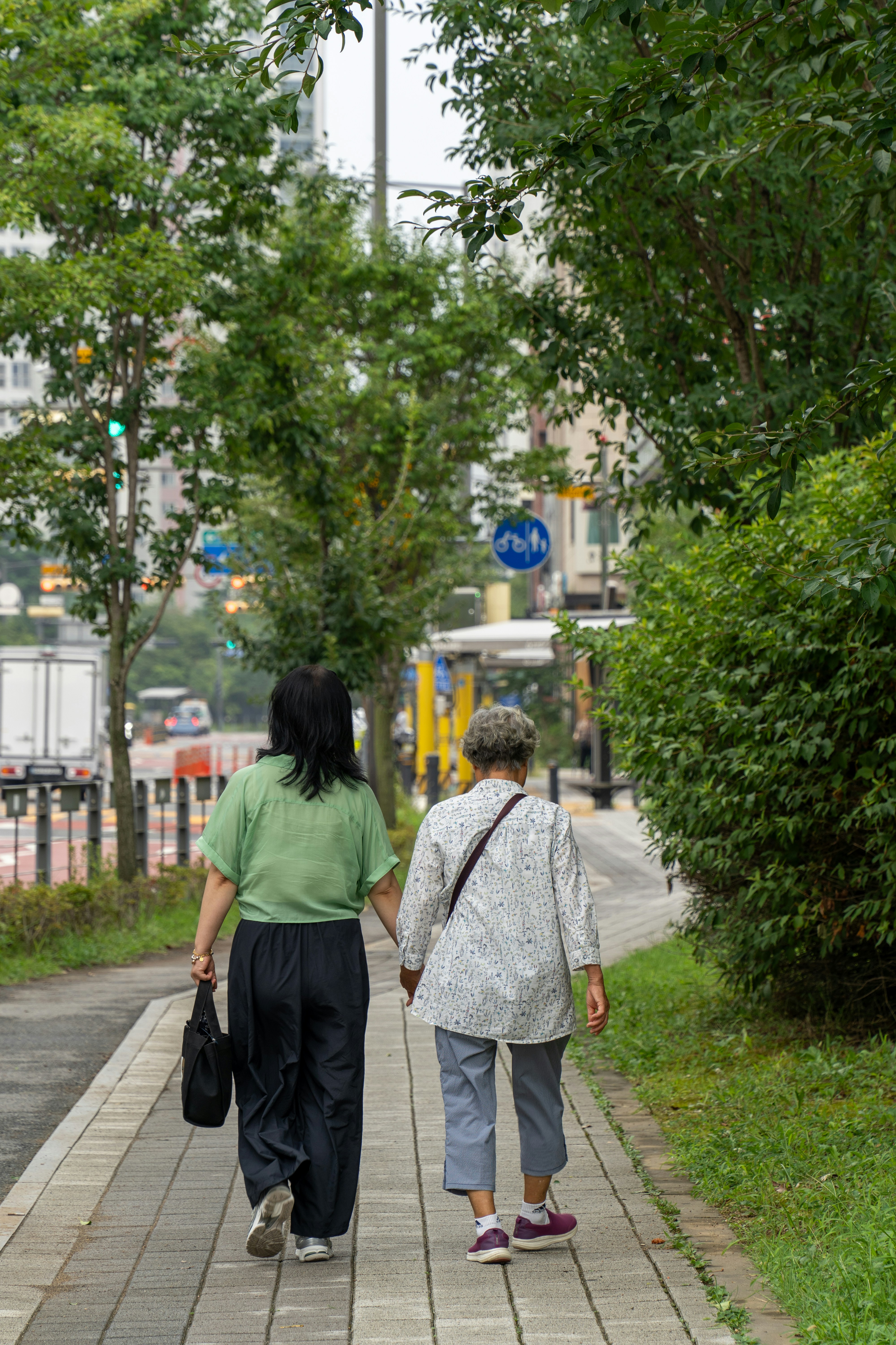 Two women walking down a sidewalk holding hands