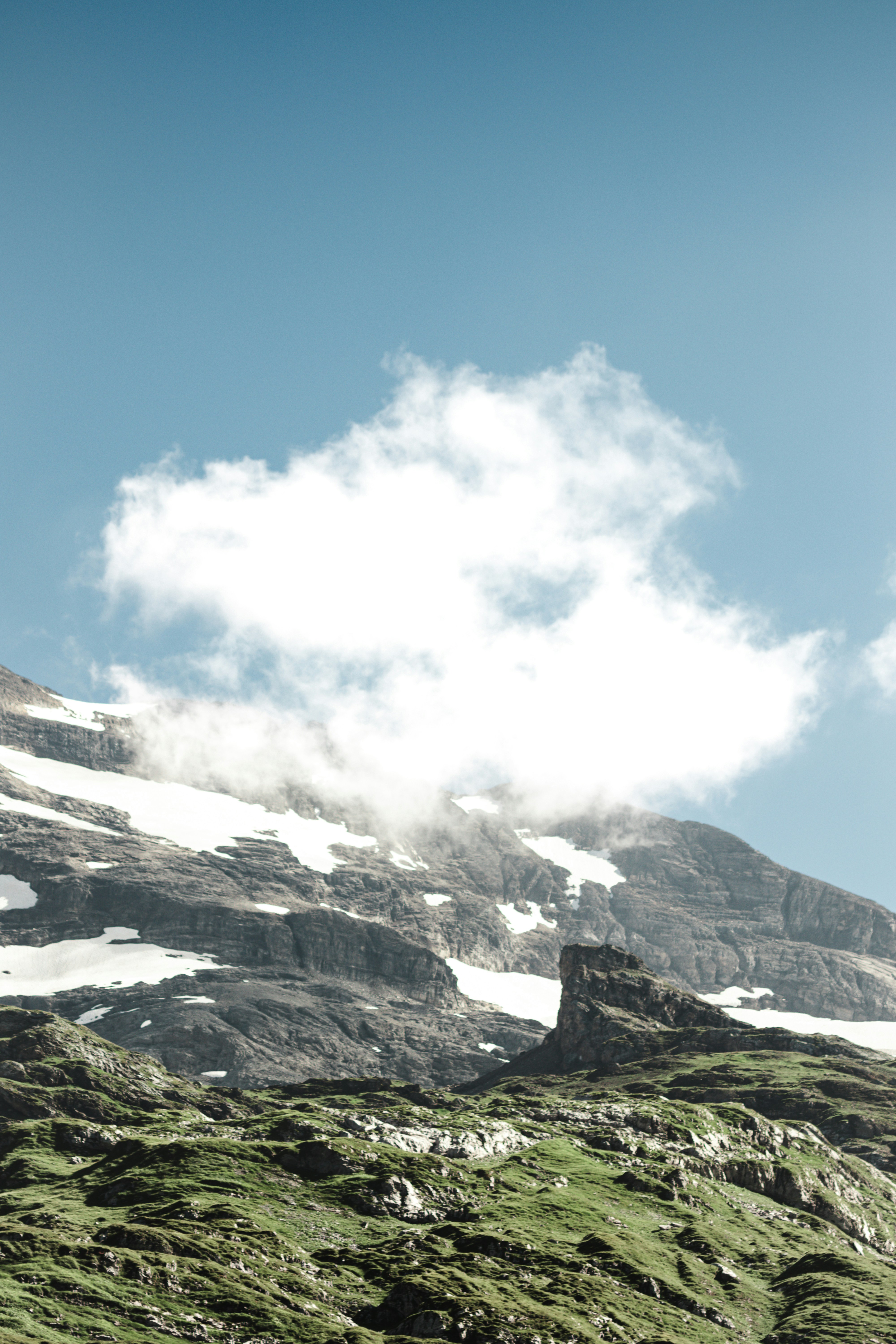 A mountain covered in snow and green grass