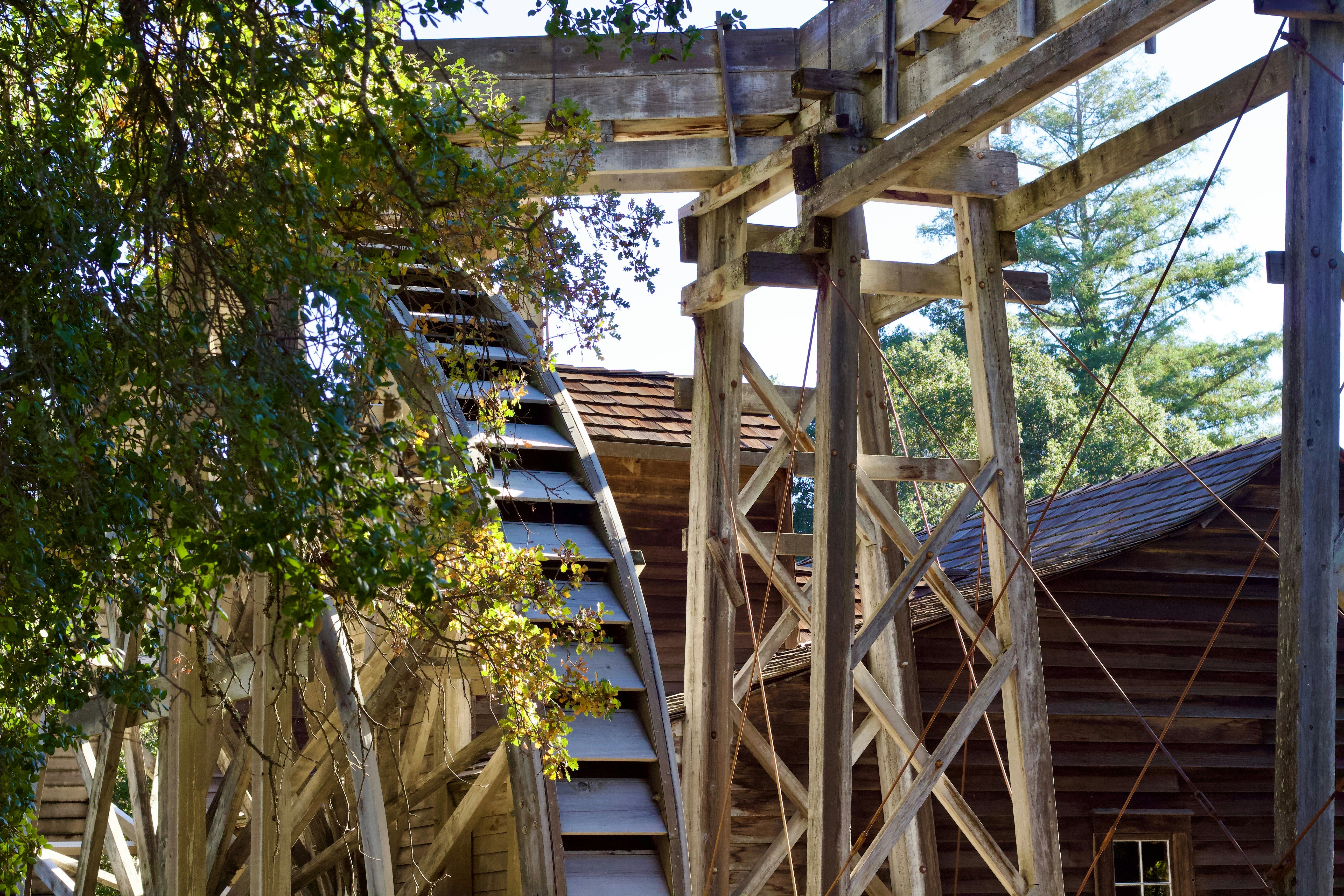 A wooden structure sitting next to a forest filled with trees