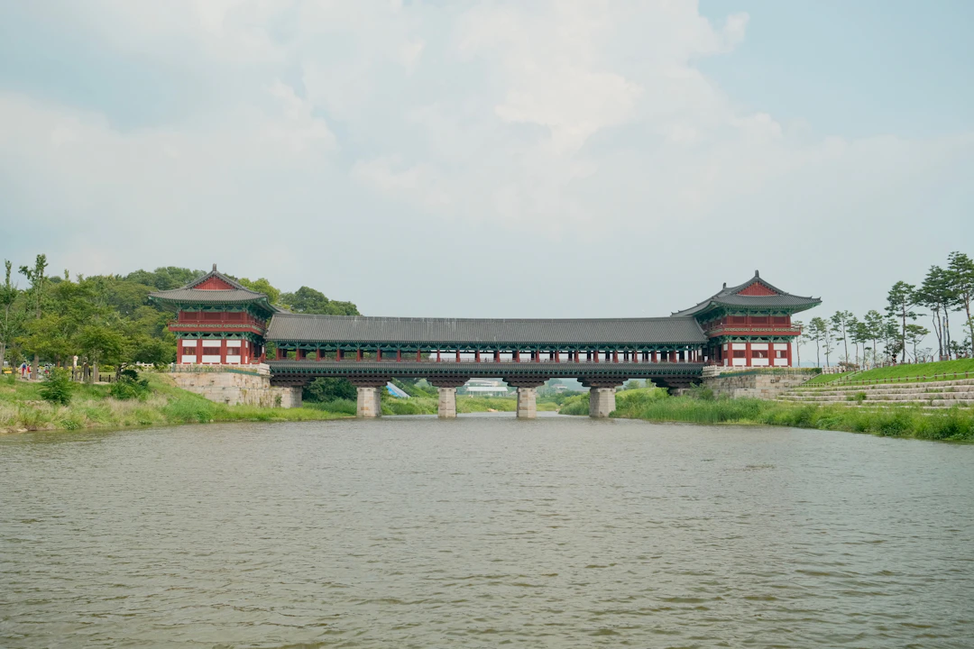 Woljeonggyo's covered wooden bridge spanning the river in Gyeongju