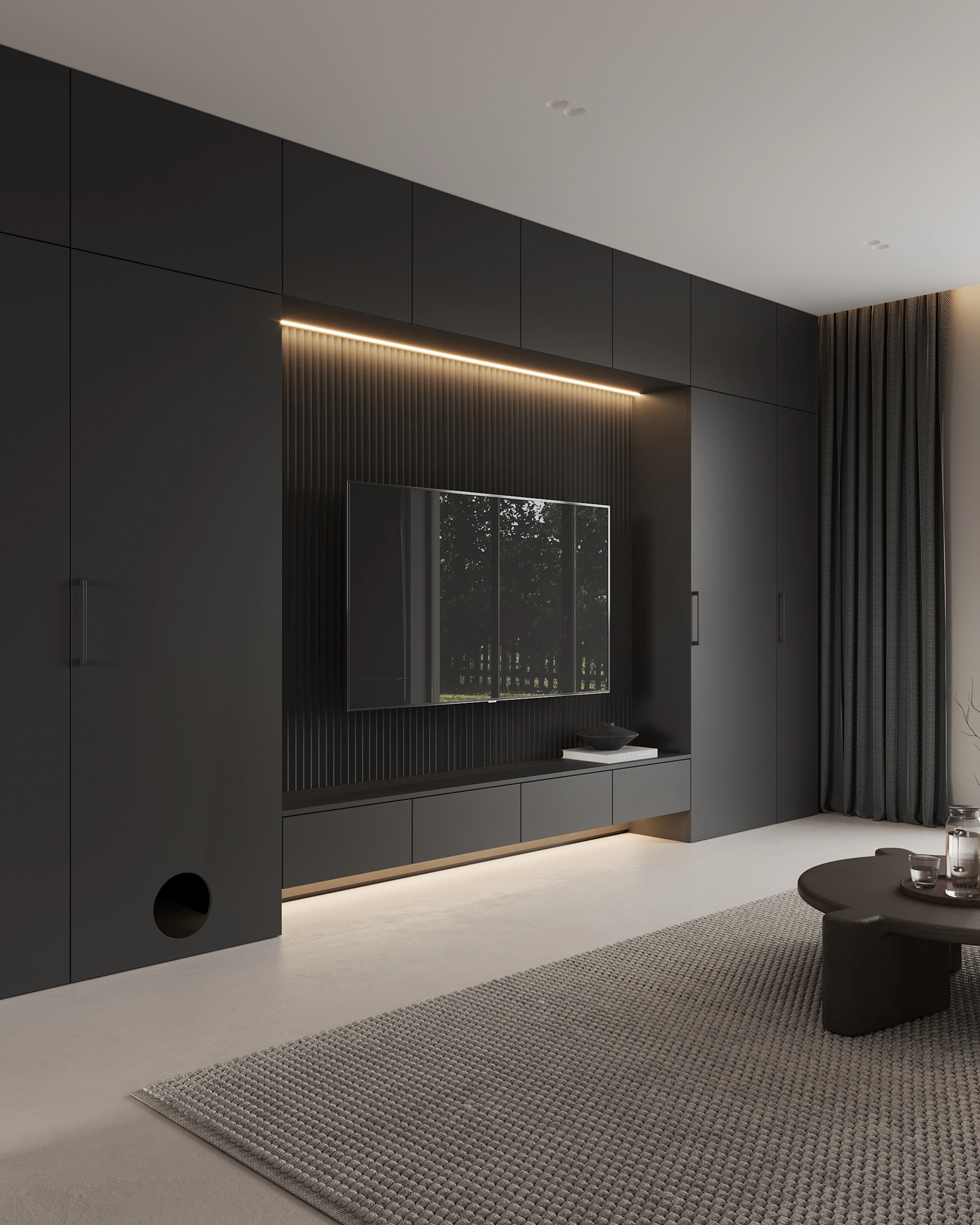 Rented apartment living room with a TV and sofa