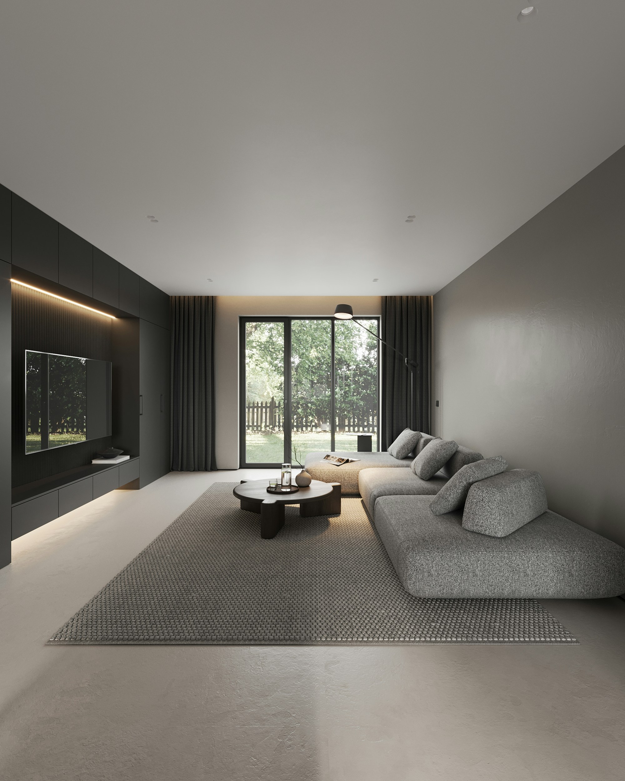 A living room with a couch and a table