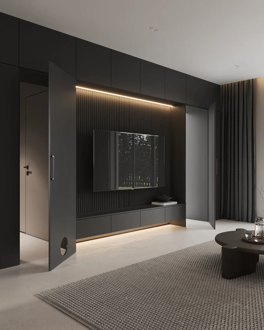 Dark TV wall with a hidden LED strip (inspiration)