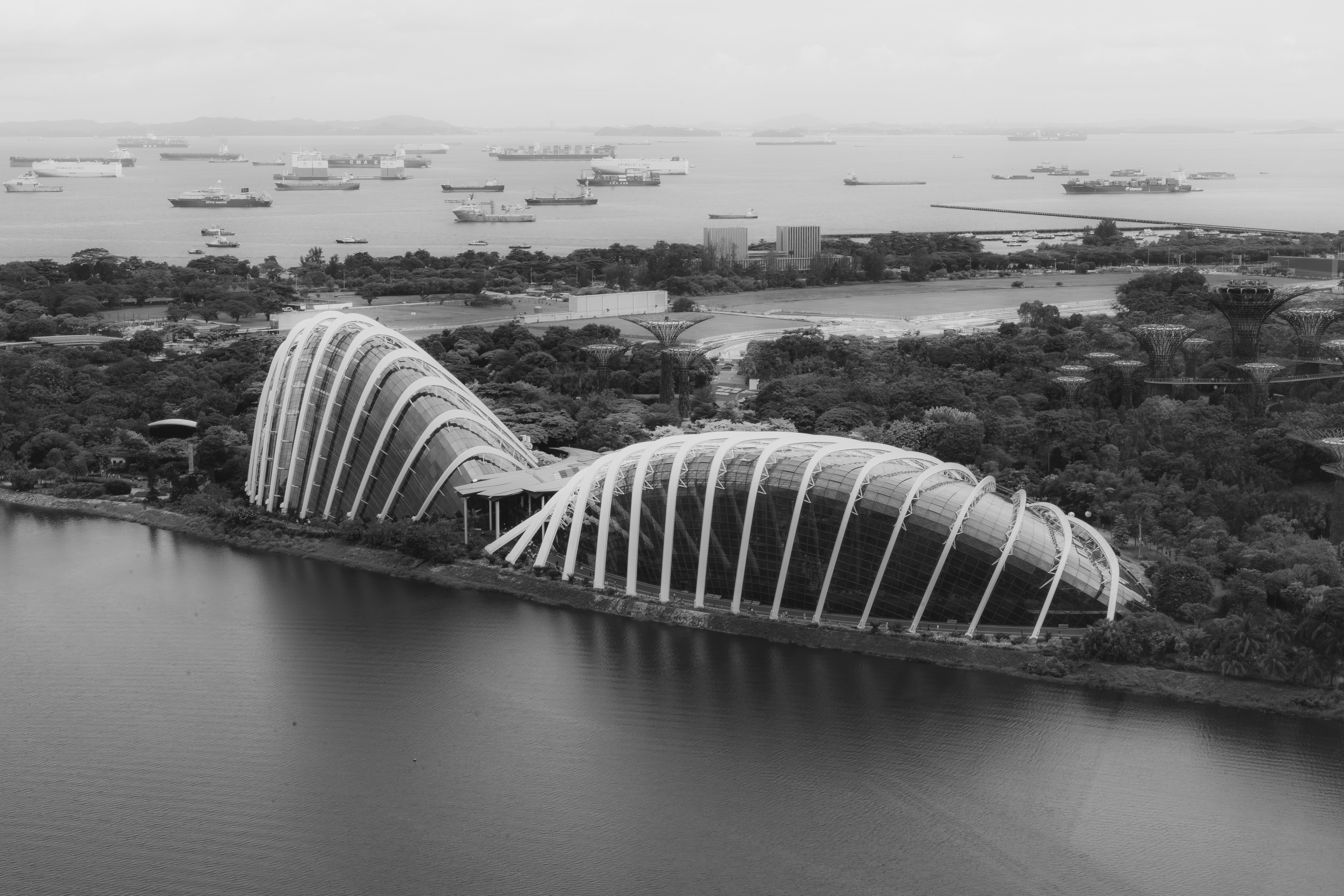 A black and white photo of an aerial view of a building