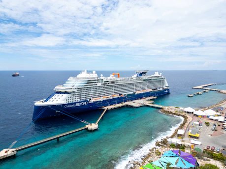 A cruise ship docked at a pier in the ocean