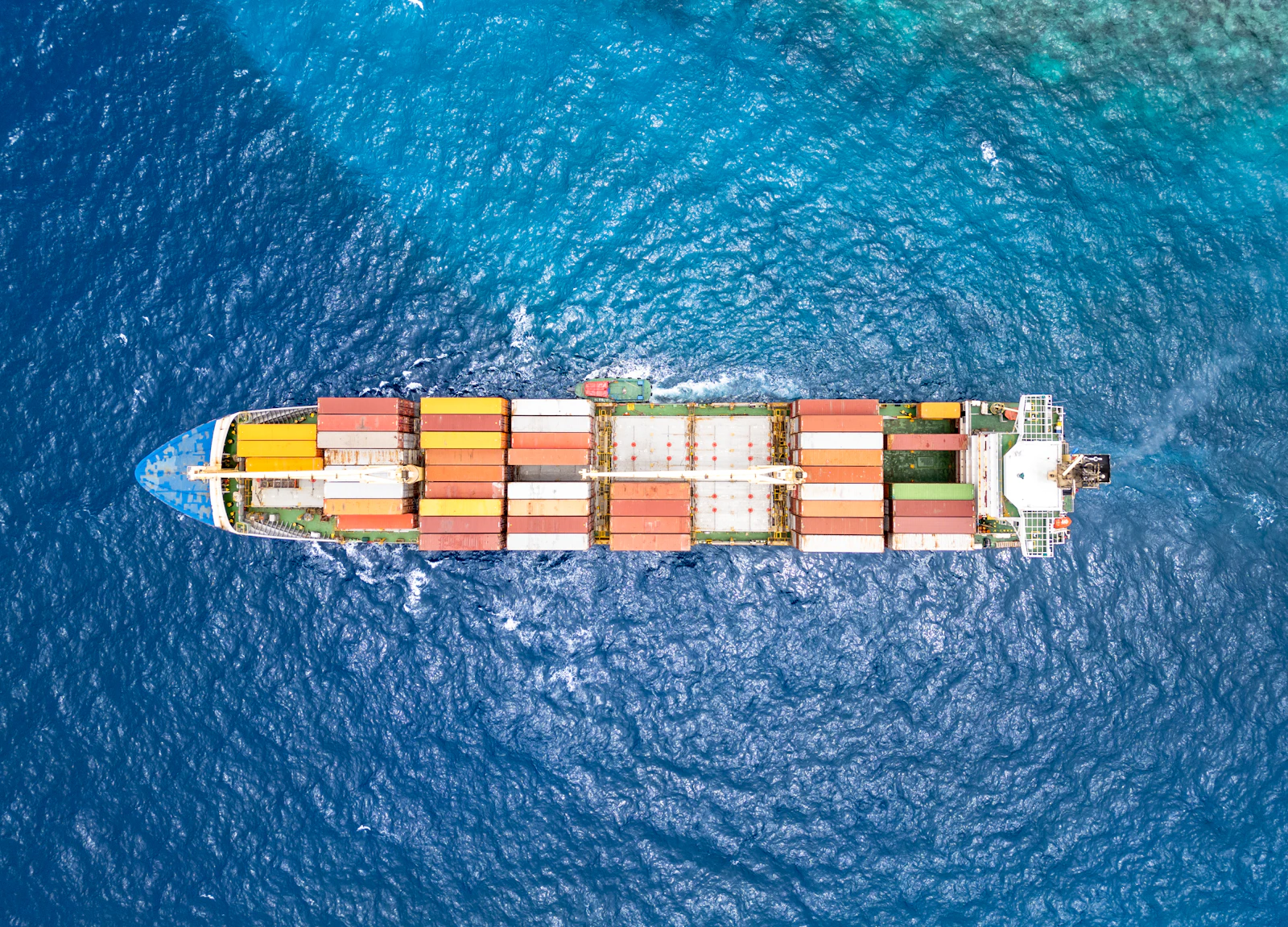Aerial view of a container ship at sea