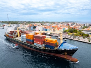 A large cargo ship in the middle of a body of water
