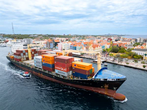 A large cargo ship in the middle of a body of water