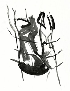 A black and white drawing of a tree branch