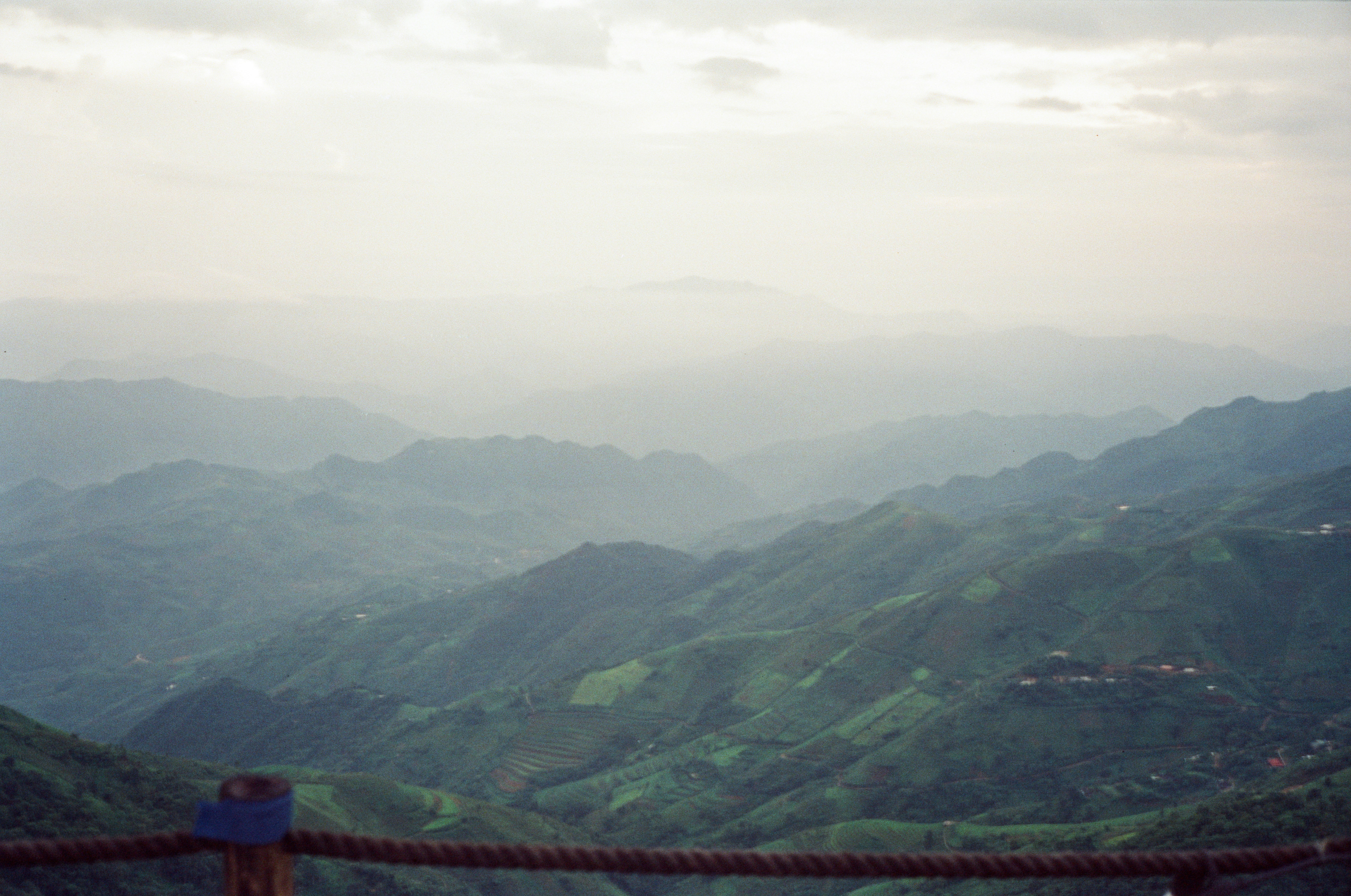 A bird perched on a fence overlooking a mountain range