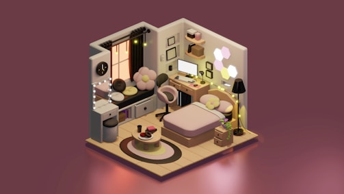 A living room with a bed and a desk