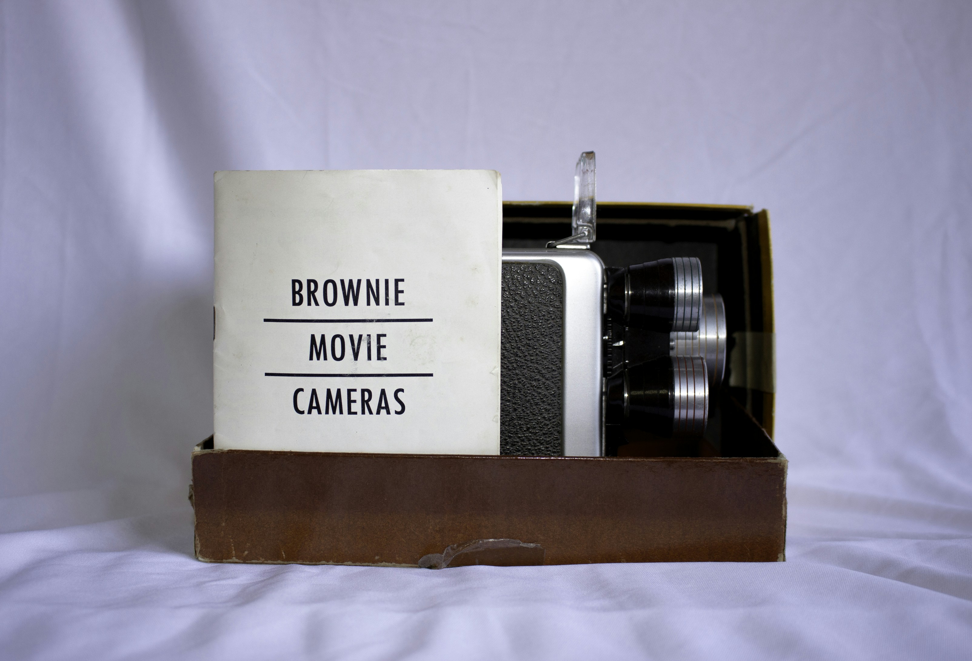 A camera in a box on a white background