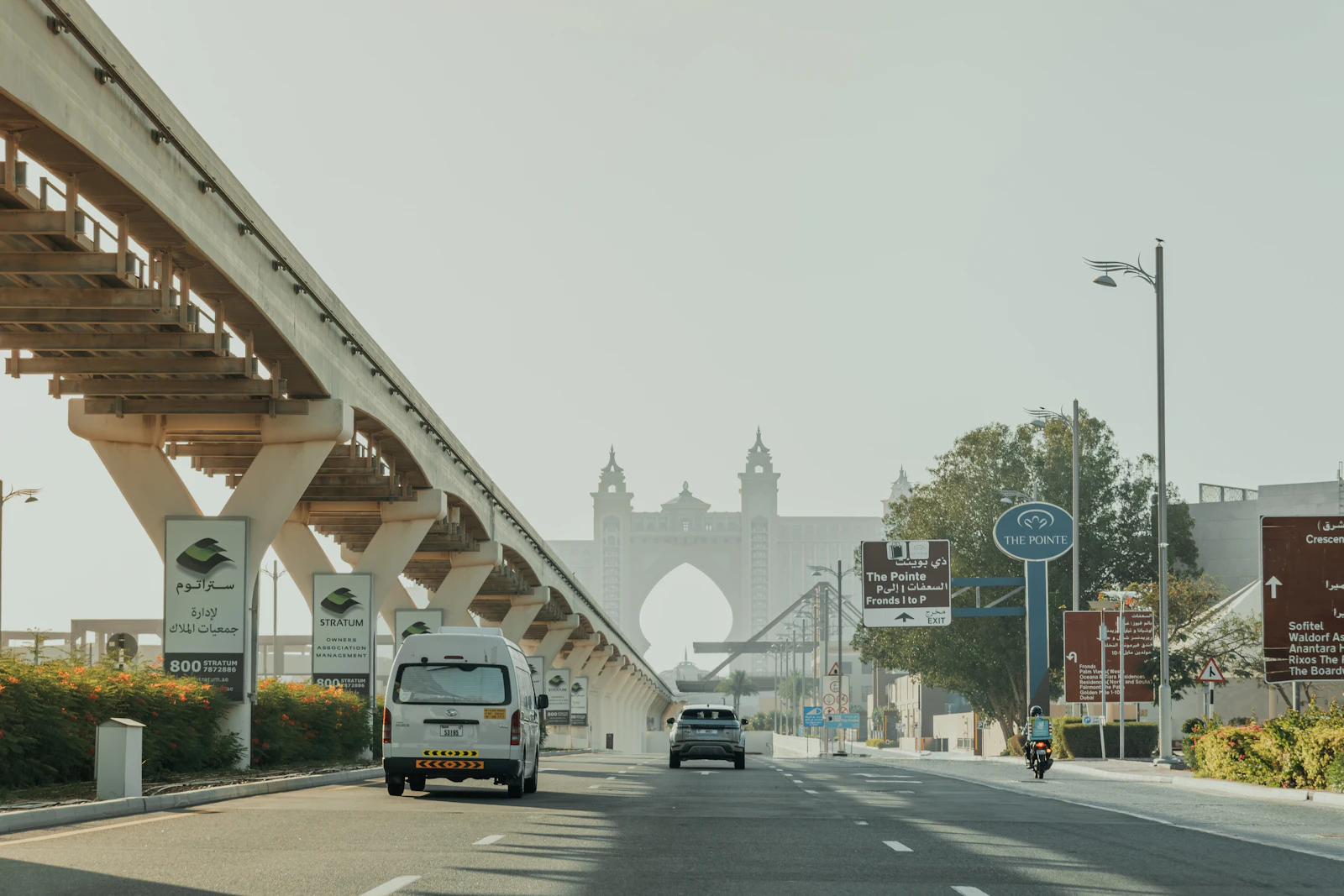 Elevated Palm Monorail track running along Palm Jumeirah towards Atlantis The Palm