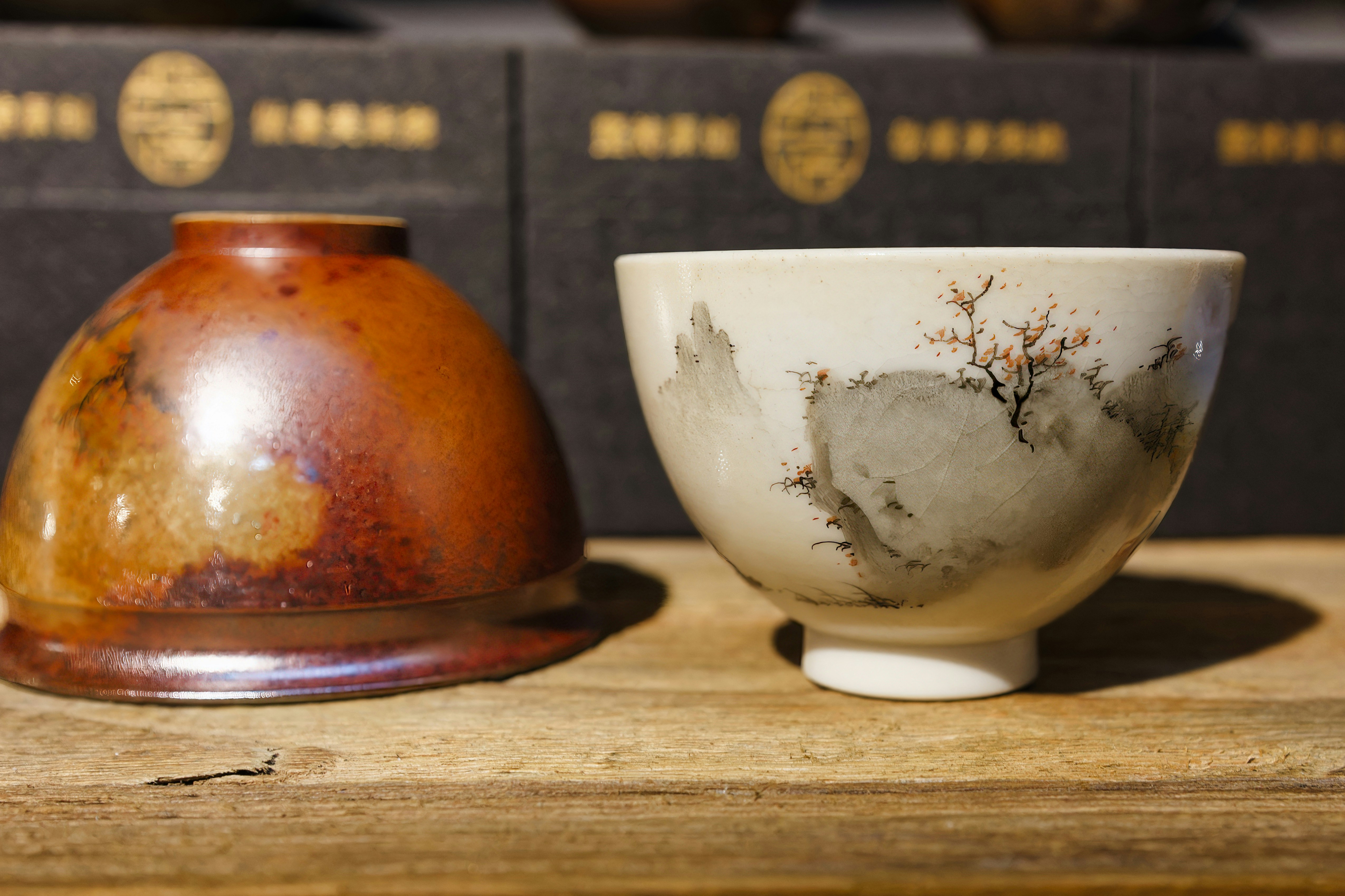 A couple of bowls sitting on top of a wooden table