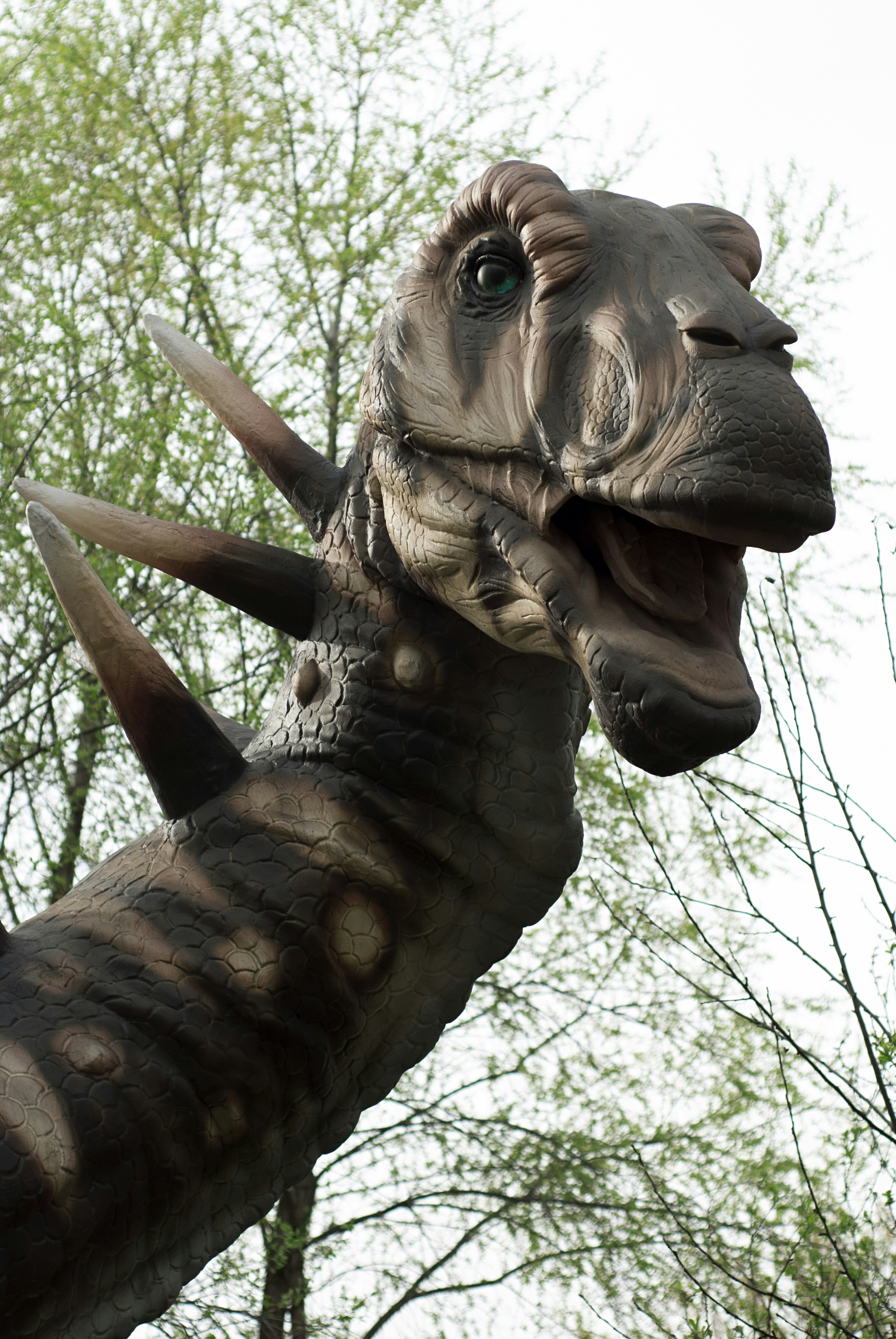 A close up of a dinosaur statue with trees in the background