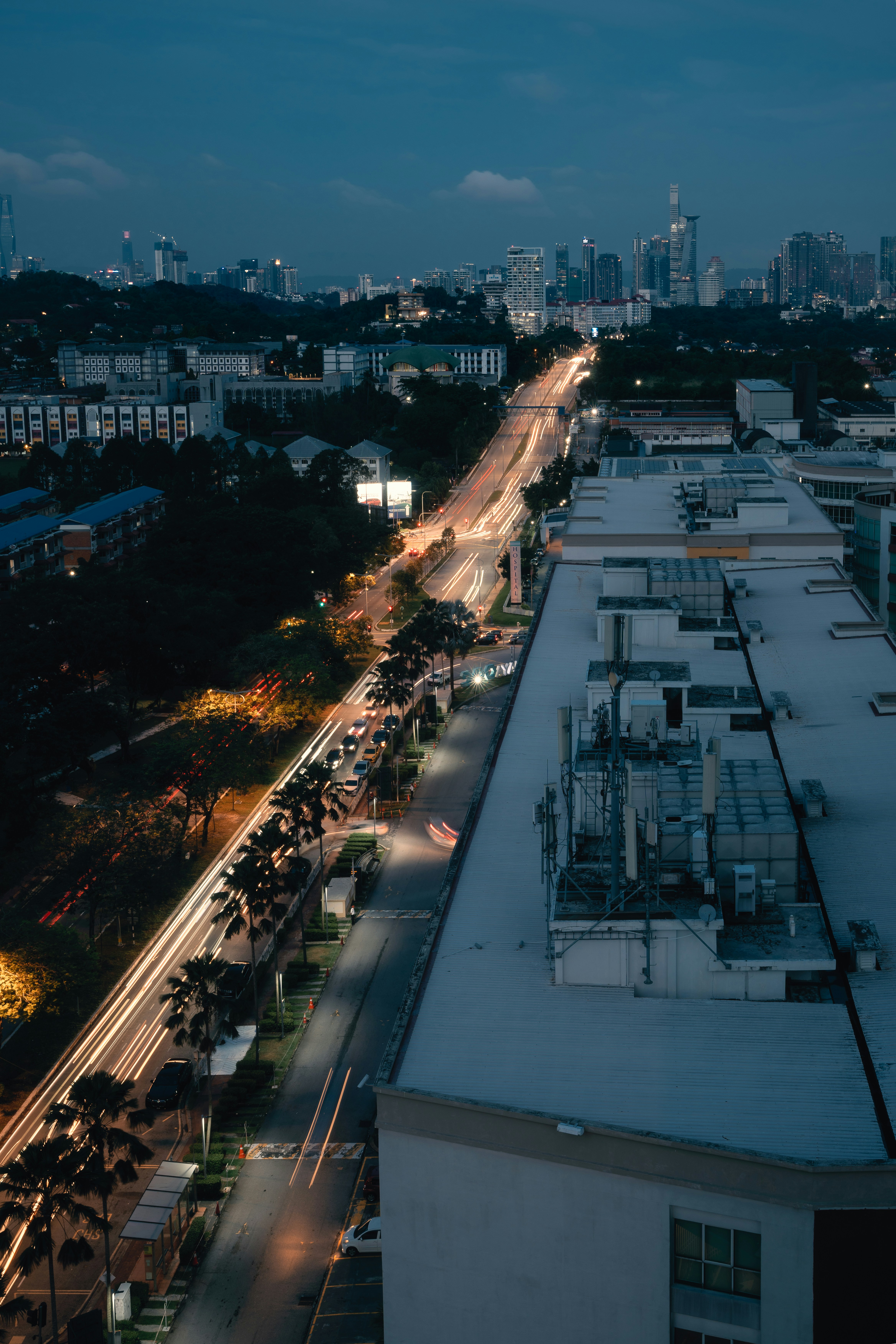 An aerial view of a city at night