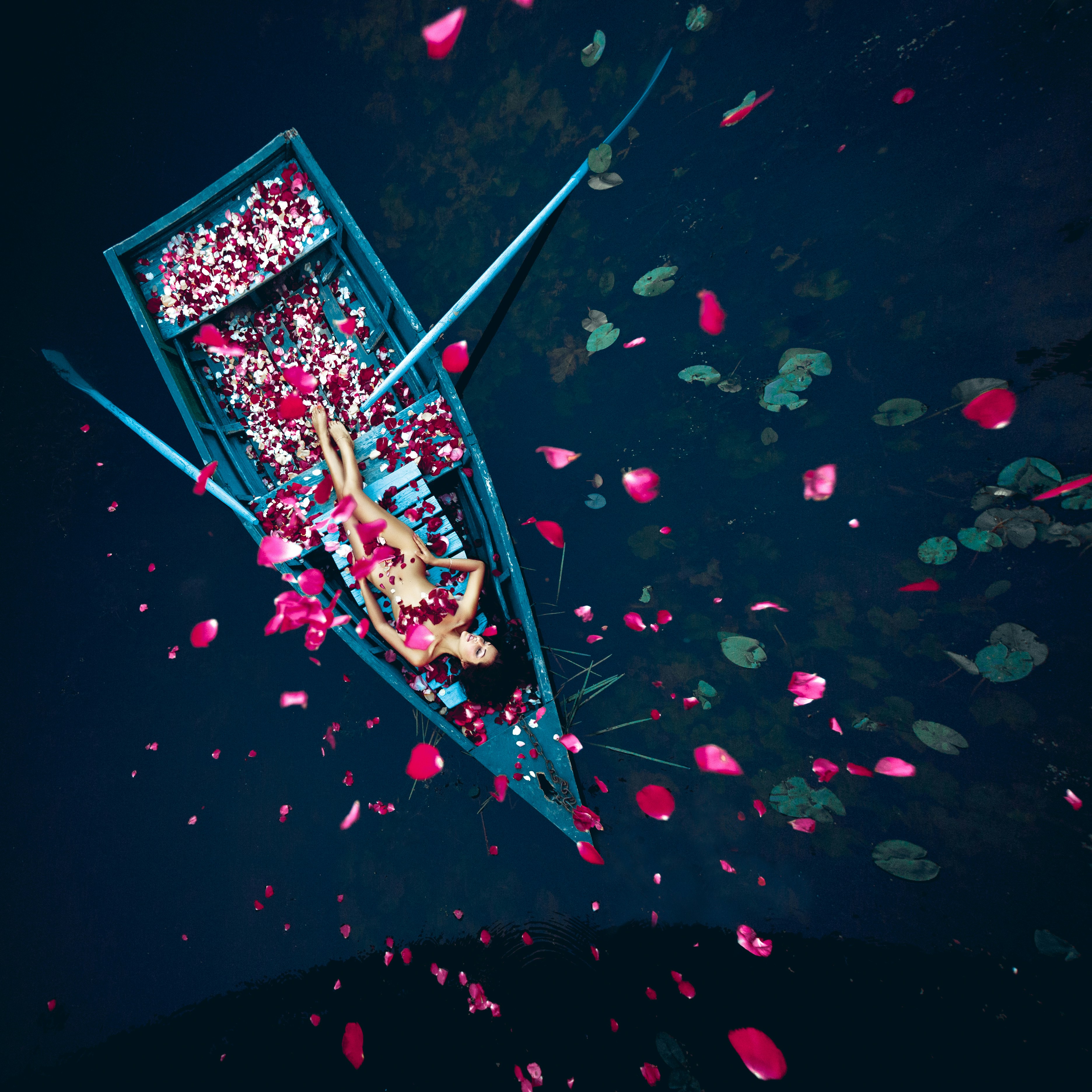 Una barca piena di tanti fiori rosa che galleggiano sull'acqua