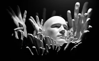 A black and white photo of a mannequin's head