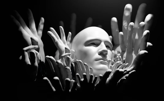 A black and white photo of a mannequin's head