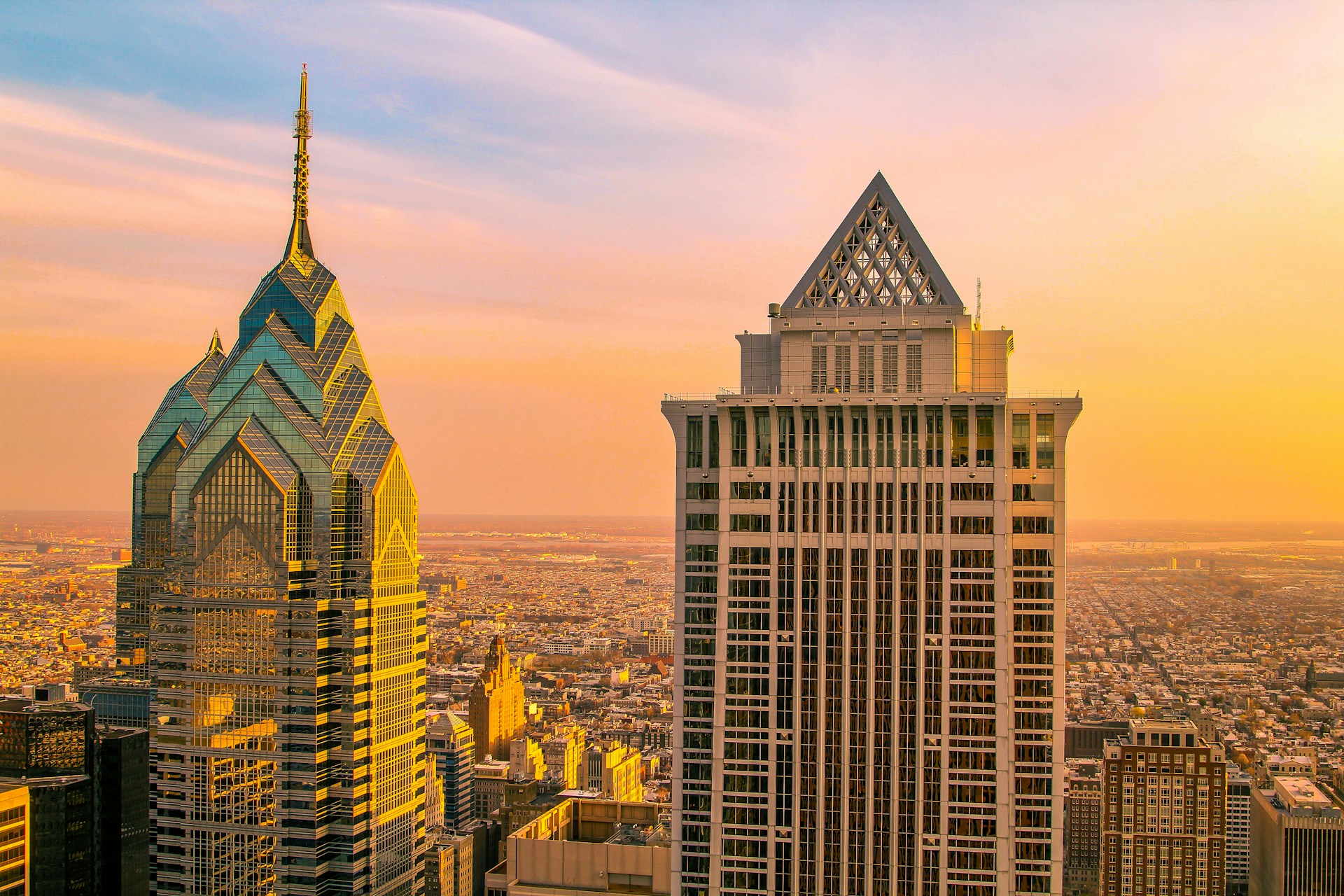 A view of a city with tall buildings