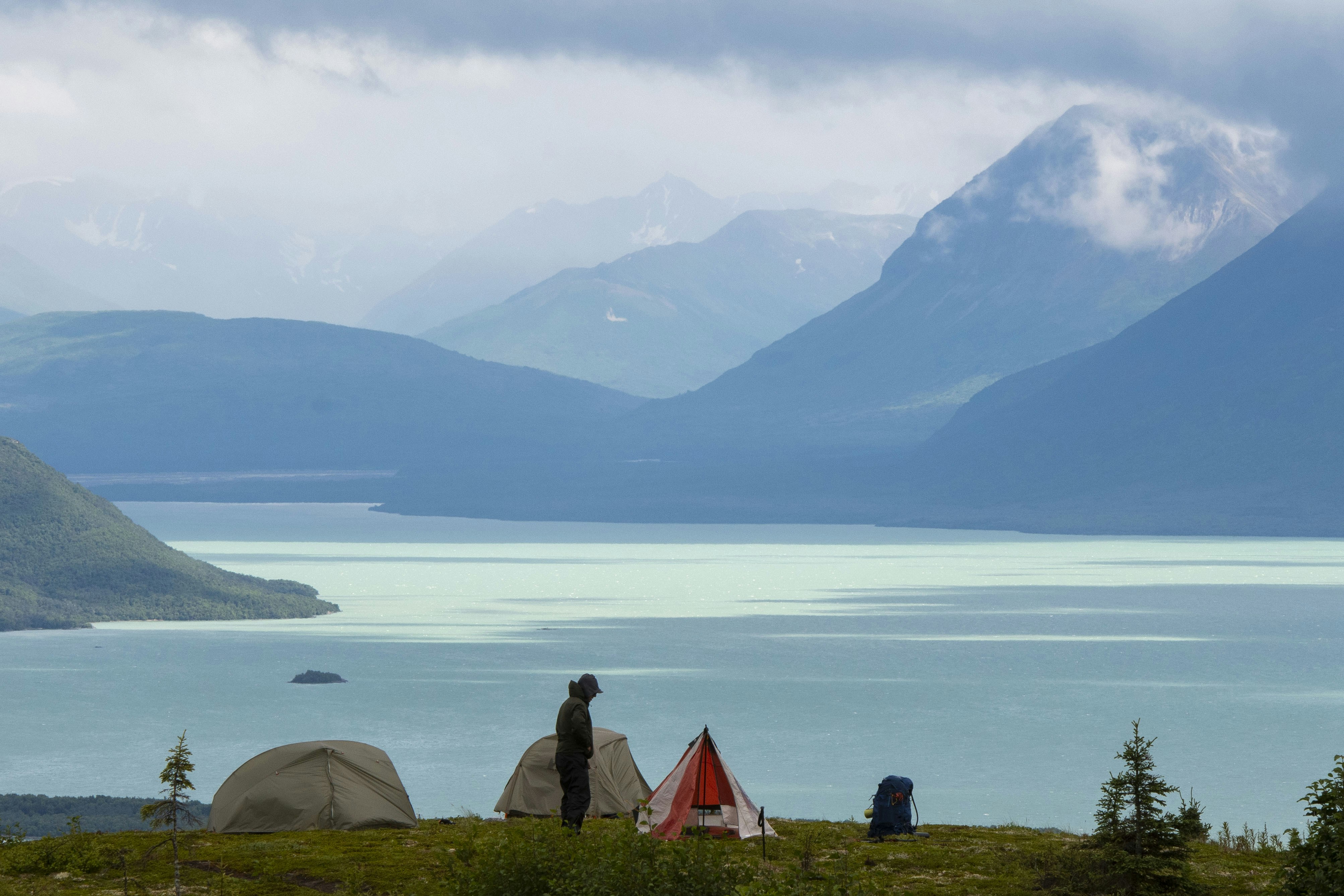 A couple of tents sitting on top of a lush green hillside photo – Free ...