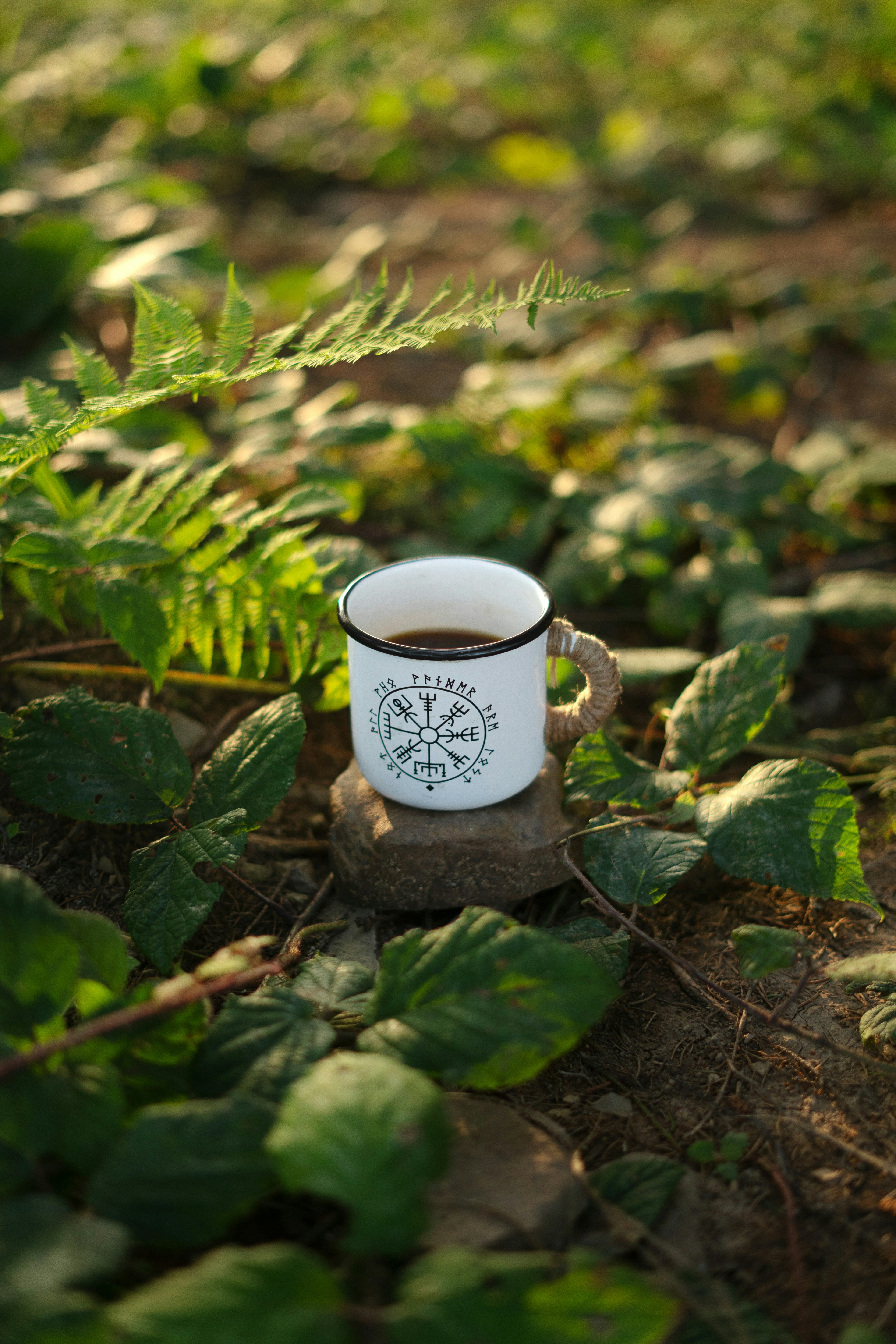 A cup of coffee sitting in the middle of a field