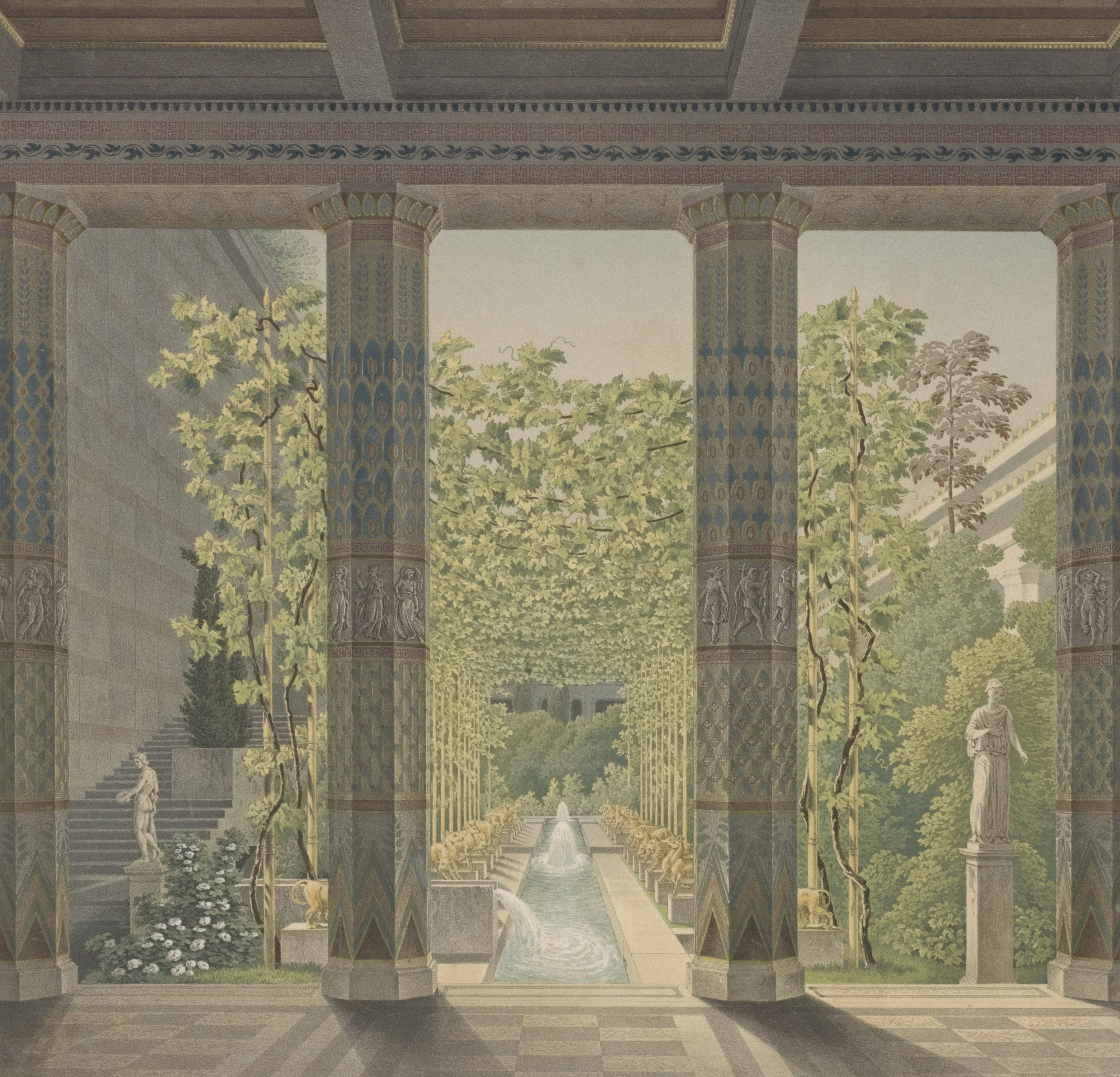 Ornate colonnade opens to a formal garden with fountain. photo – Free ...