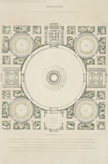 Architectural plan of a circular menagerie with surrounding gardens