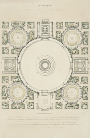 Architectural plan of a circular menagerie with surrounding gardens