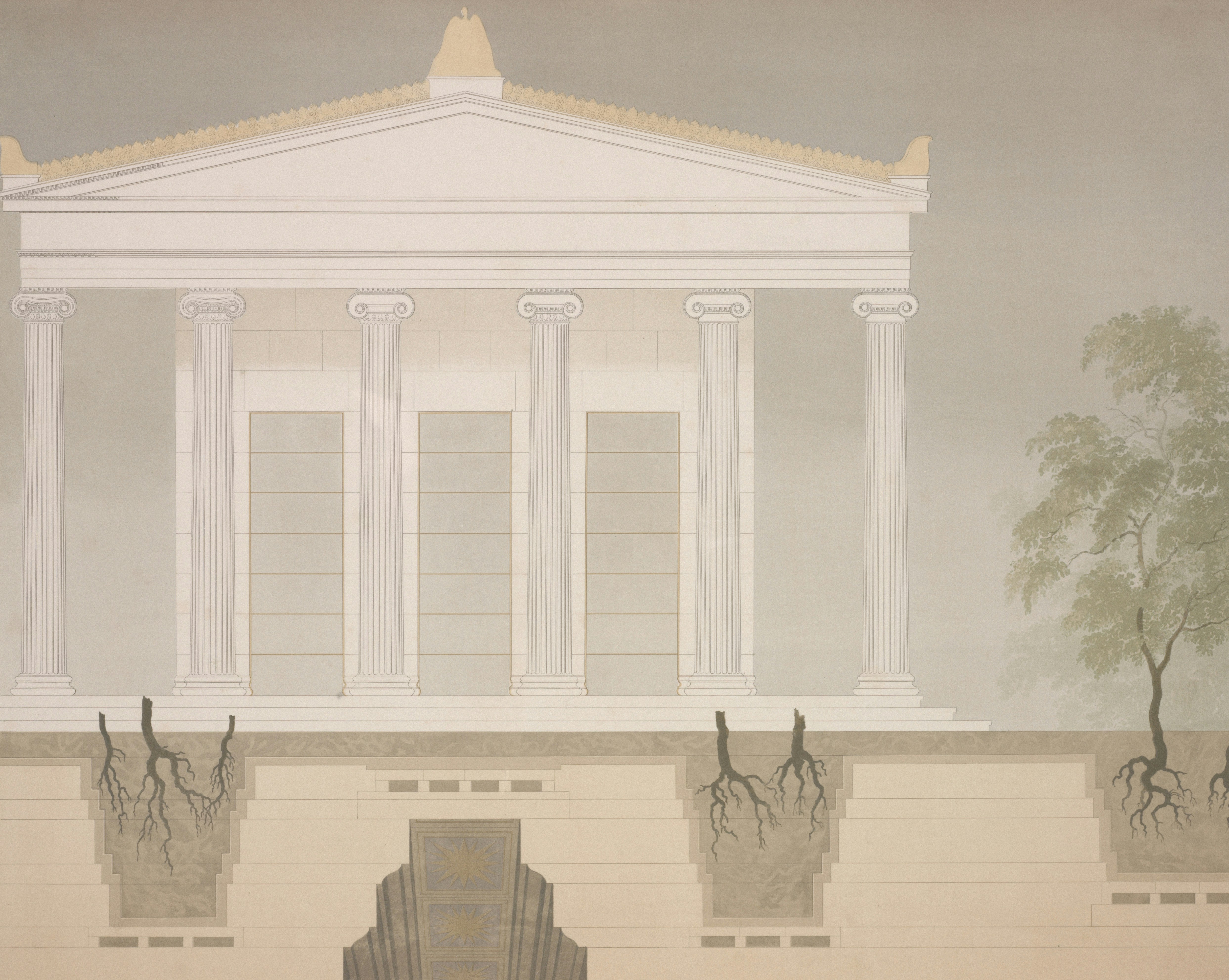 Classical building with exposed roots and a tree.