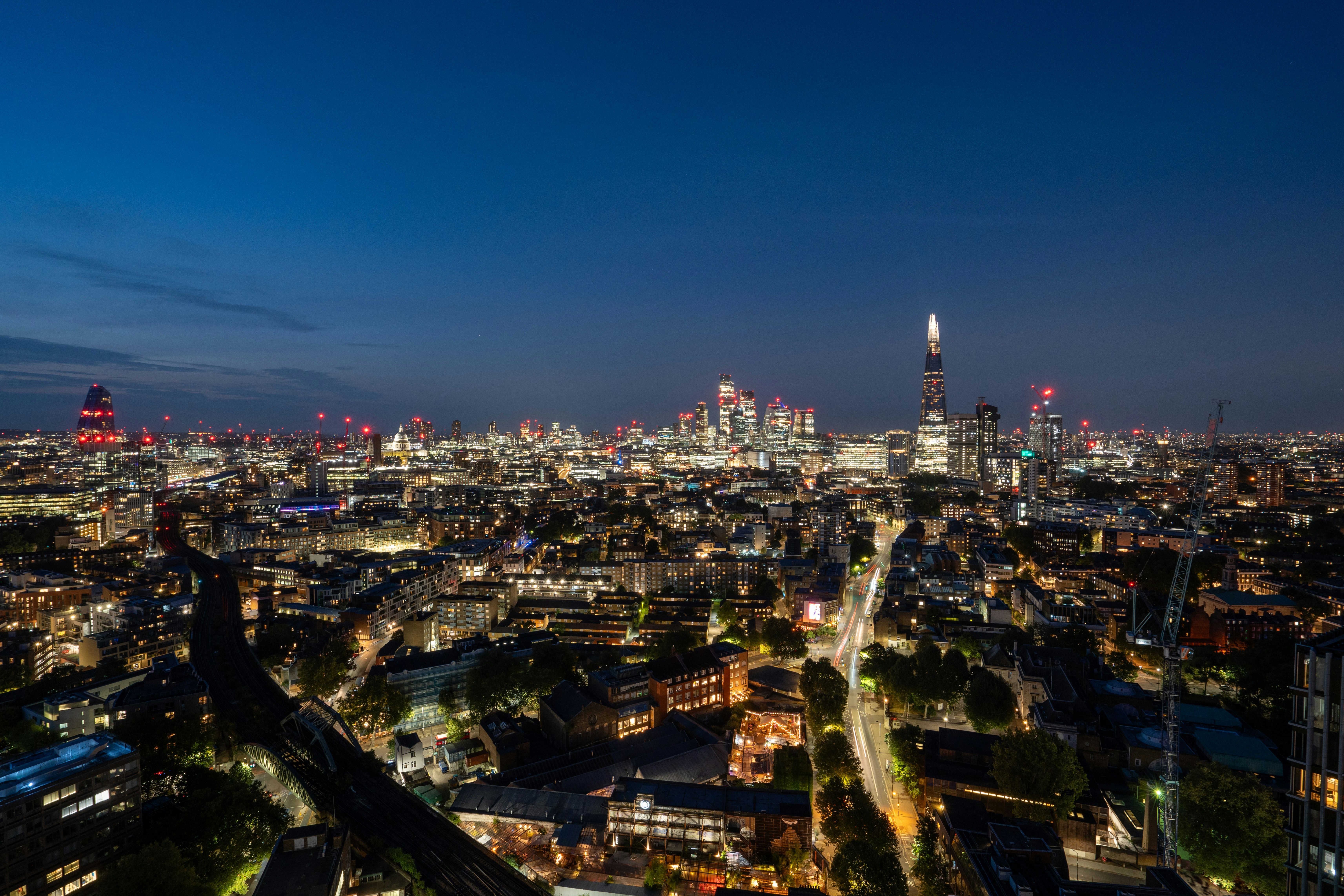 An aerial view of a city at night