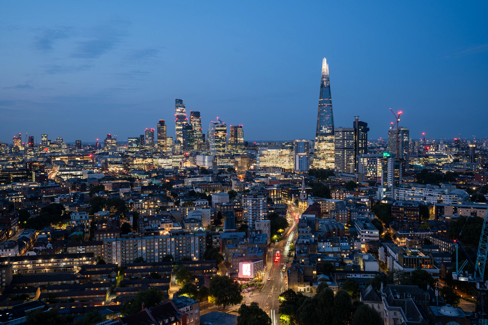 A view of the city of london at night