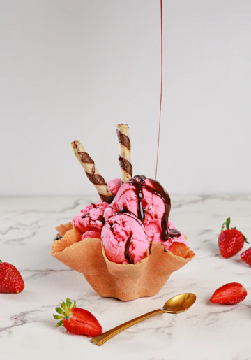 Berry sundae with chocolate sauce and toppings